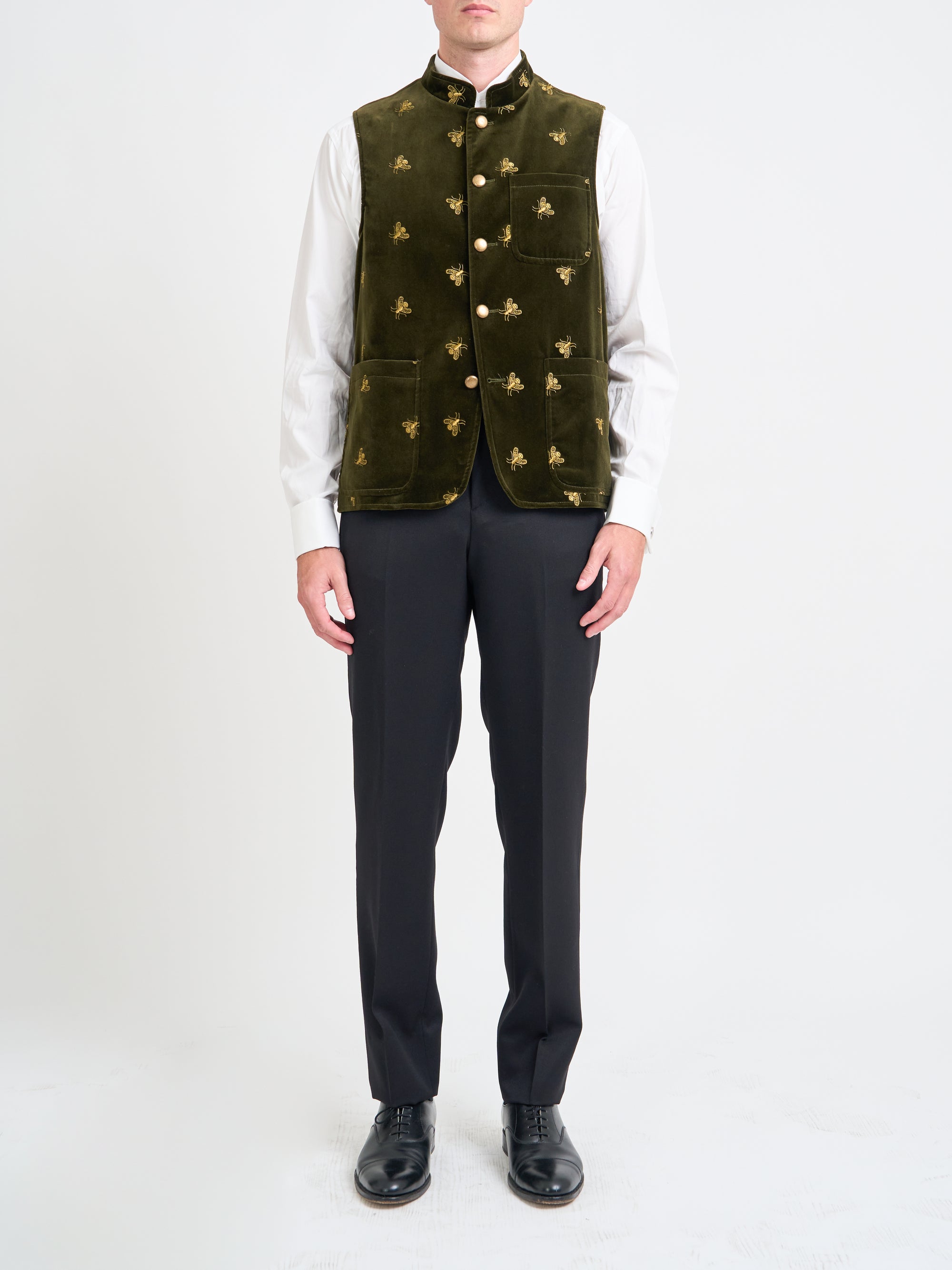 Olive Gold Bees Velvet Cotton Wiltshire Gilet