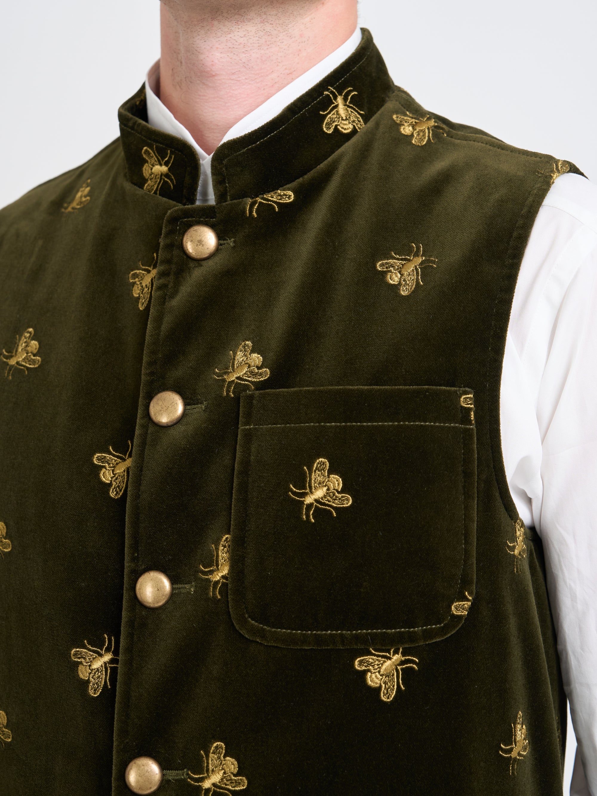 Olive Gold Bees Velvet Cotton Wiltshire Gilet