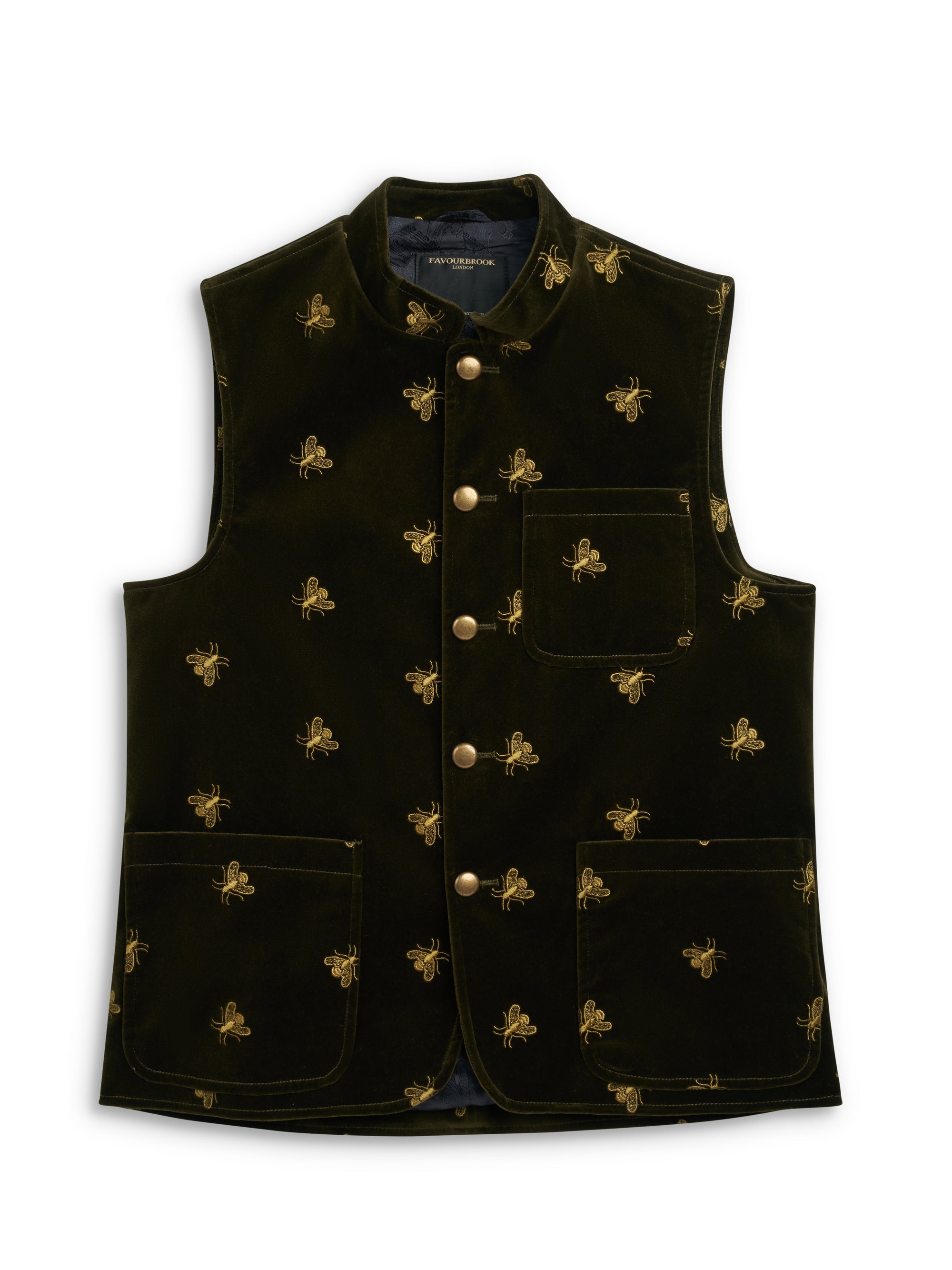 Olive Gold Bees Velvet Cotton Wiltshire Gilet