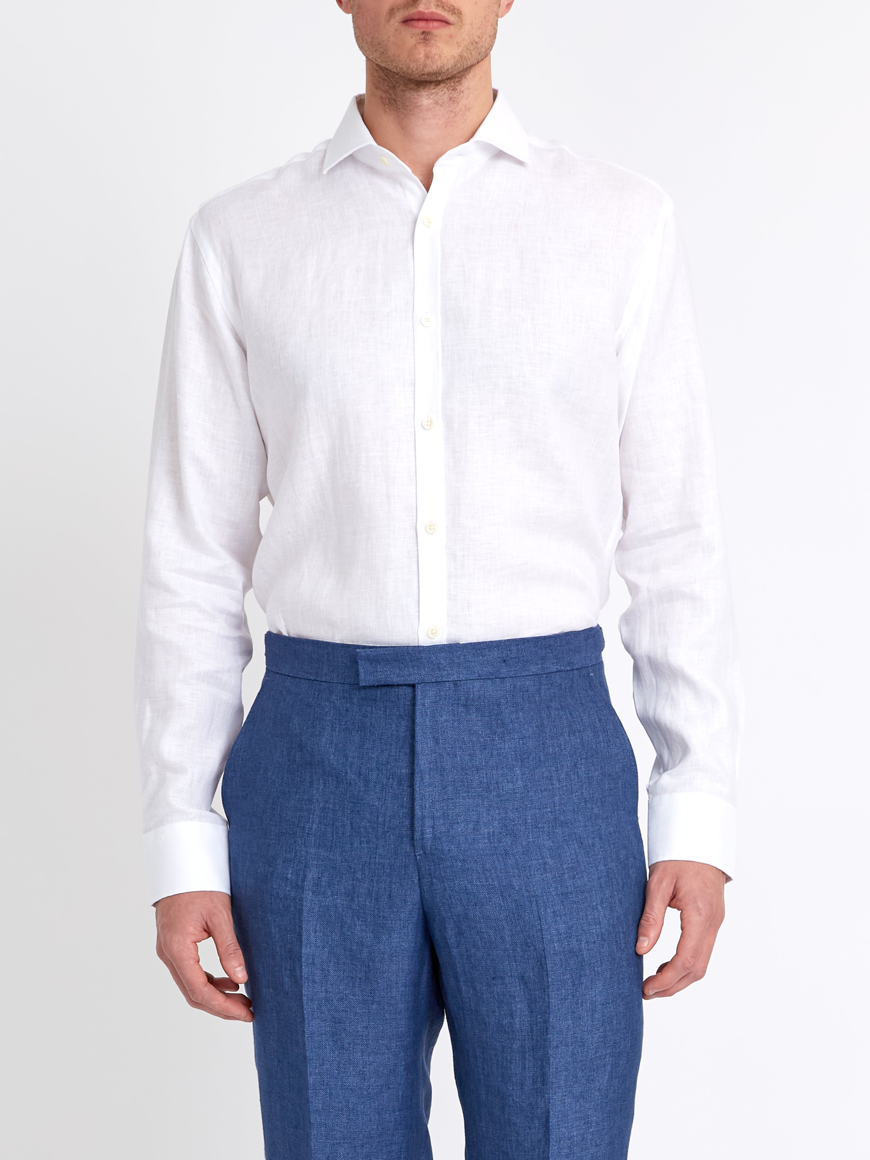 White Bridford Linen Cutaway Collar Shirt