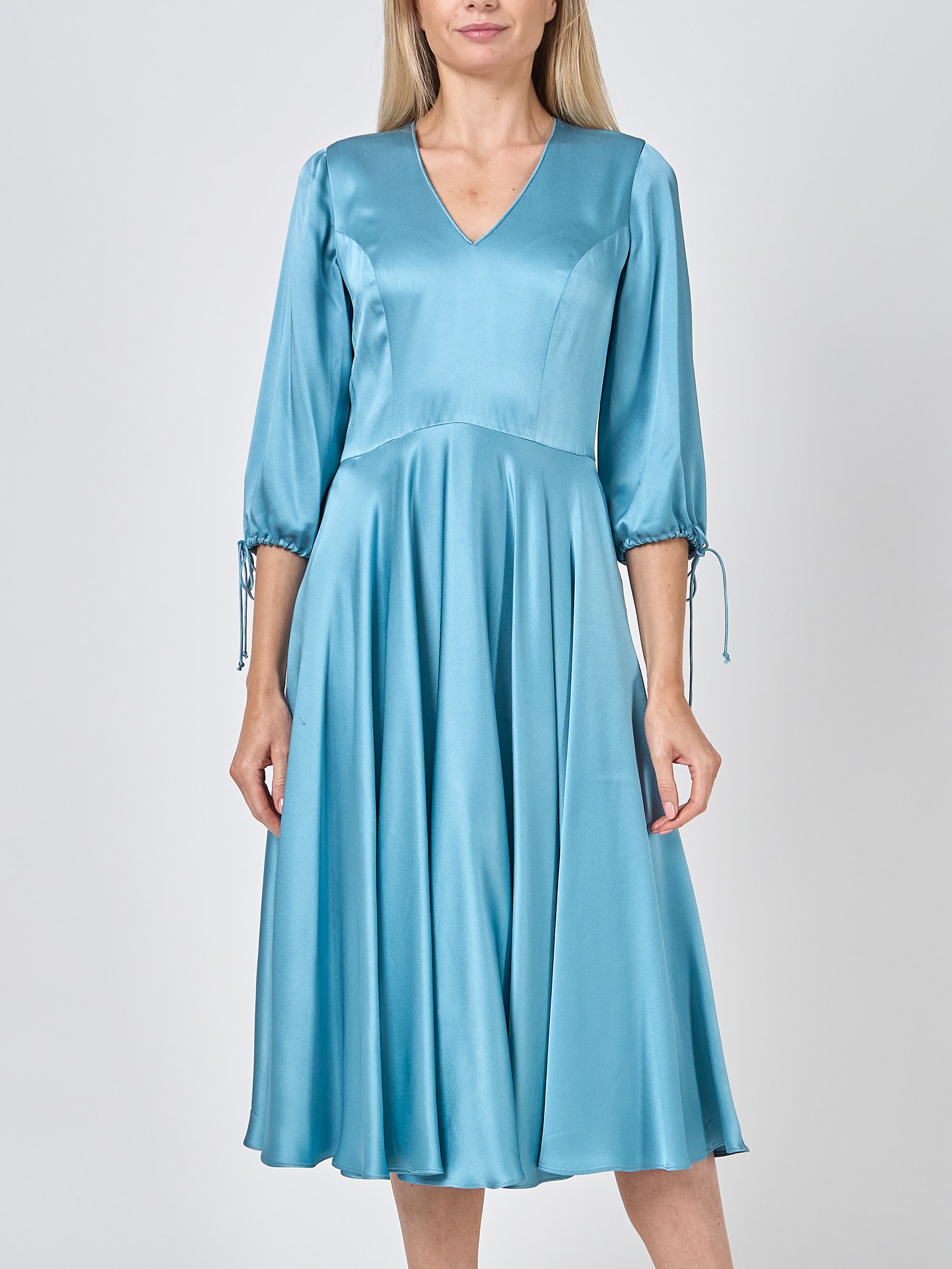 Serena V- Neck Longer Circle Dress Hostess Blue Heavy Crepe satin