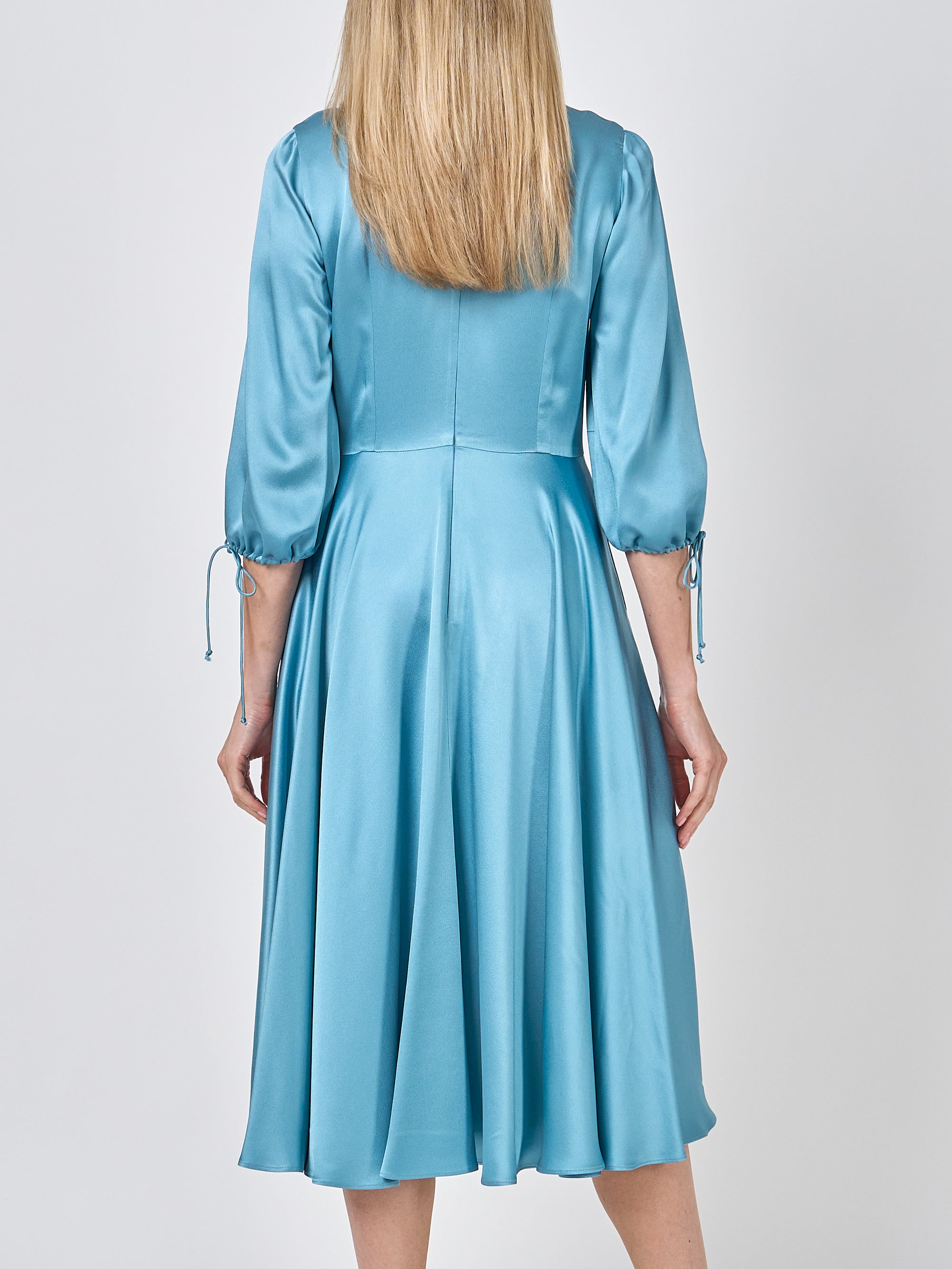 Serena V- Neck Longer Circle Dress Hostess Blue Heavy Crepe satin