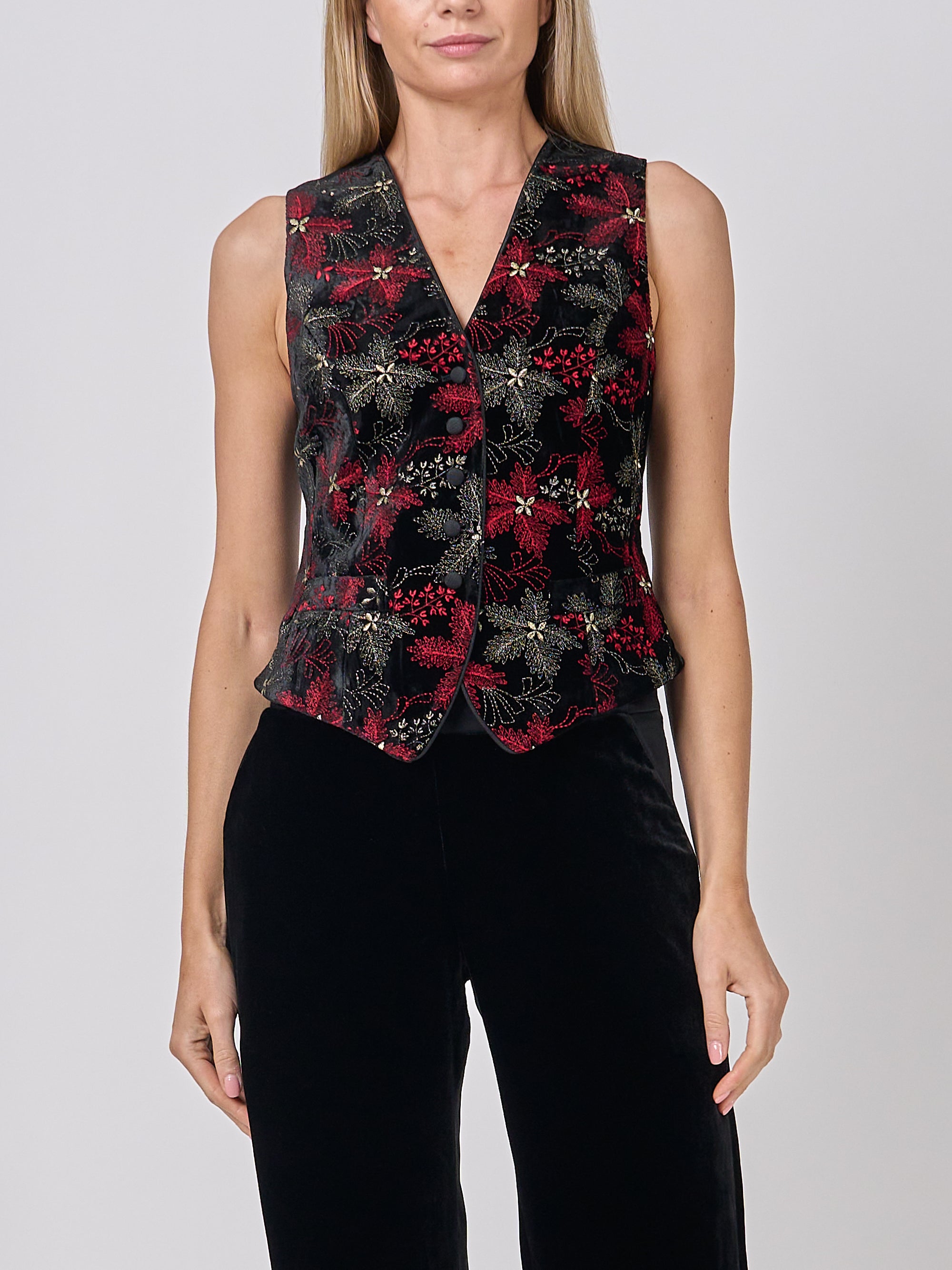 Waistcoat Single-Breasted Black Red Rozier Silk Velvet
