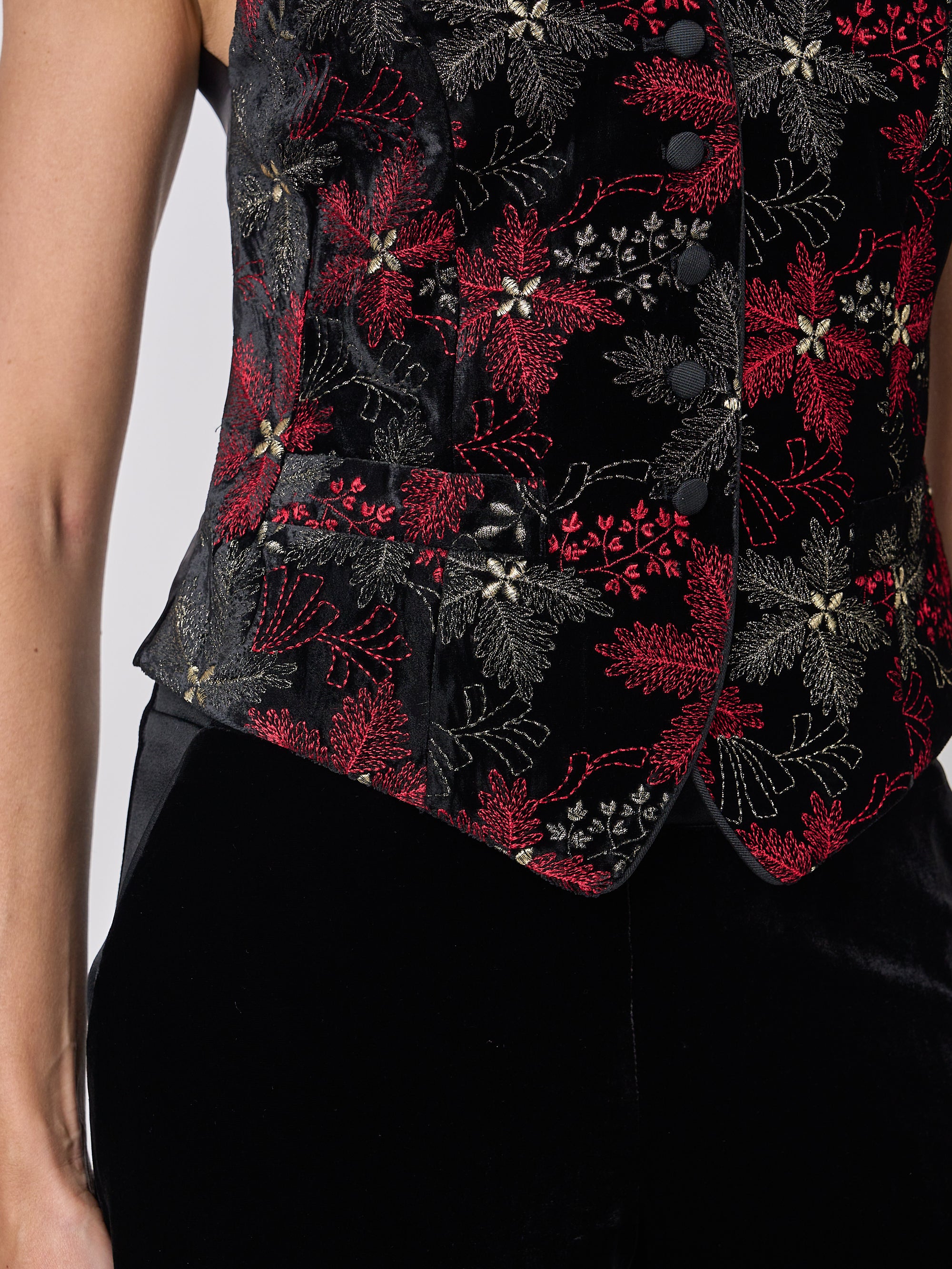 Waistcoat Single-Breasted Black Red Rozier Silk Velvet