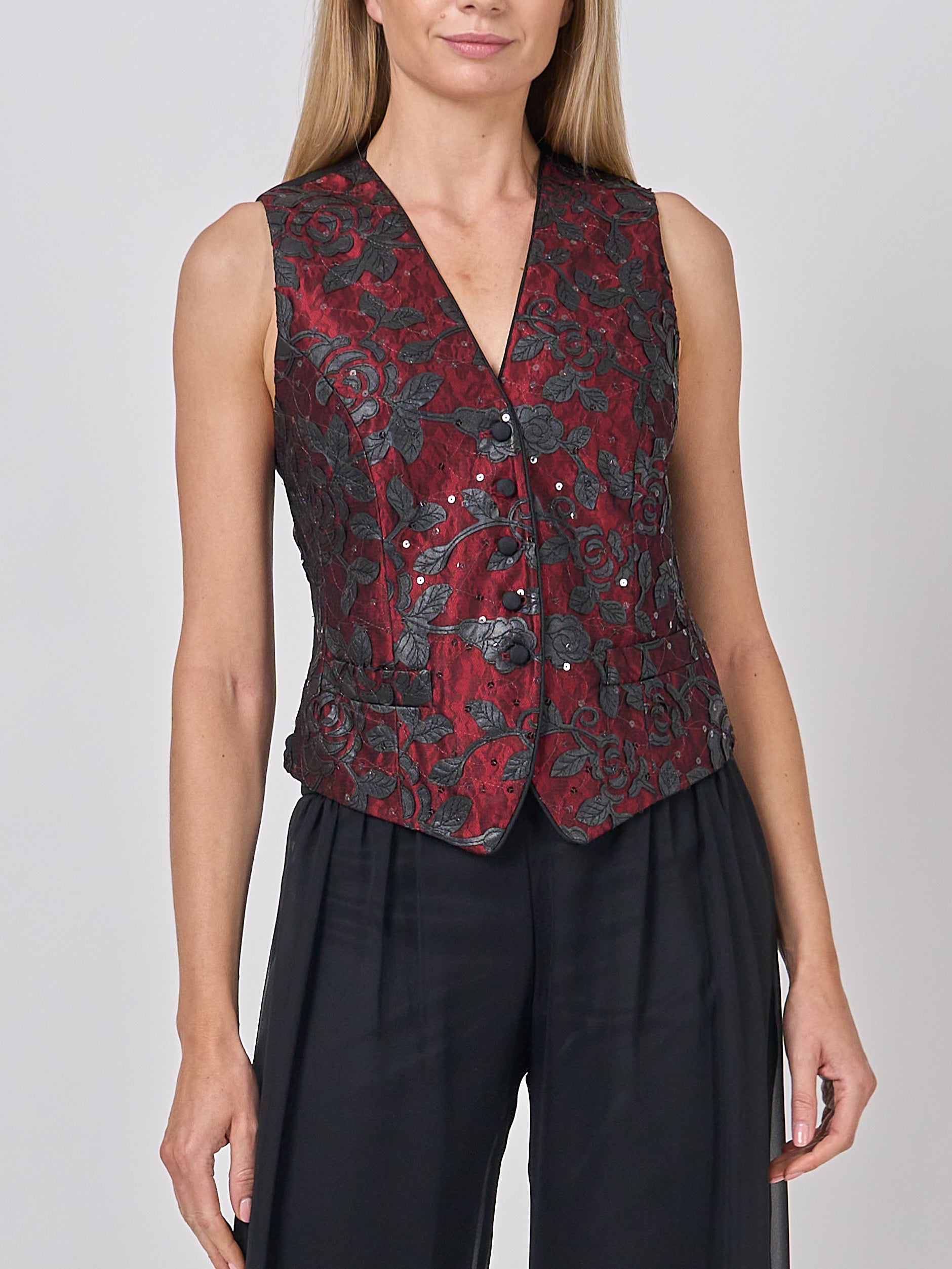 Waistcoat Single-Breasted Black Red Hellibore Silk Douppion
