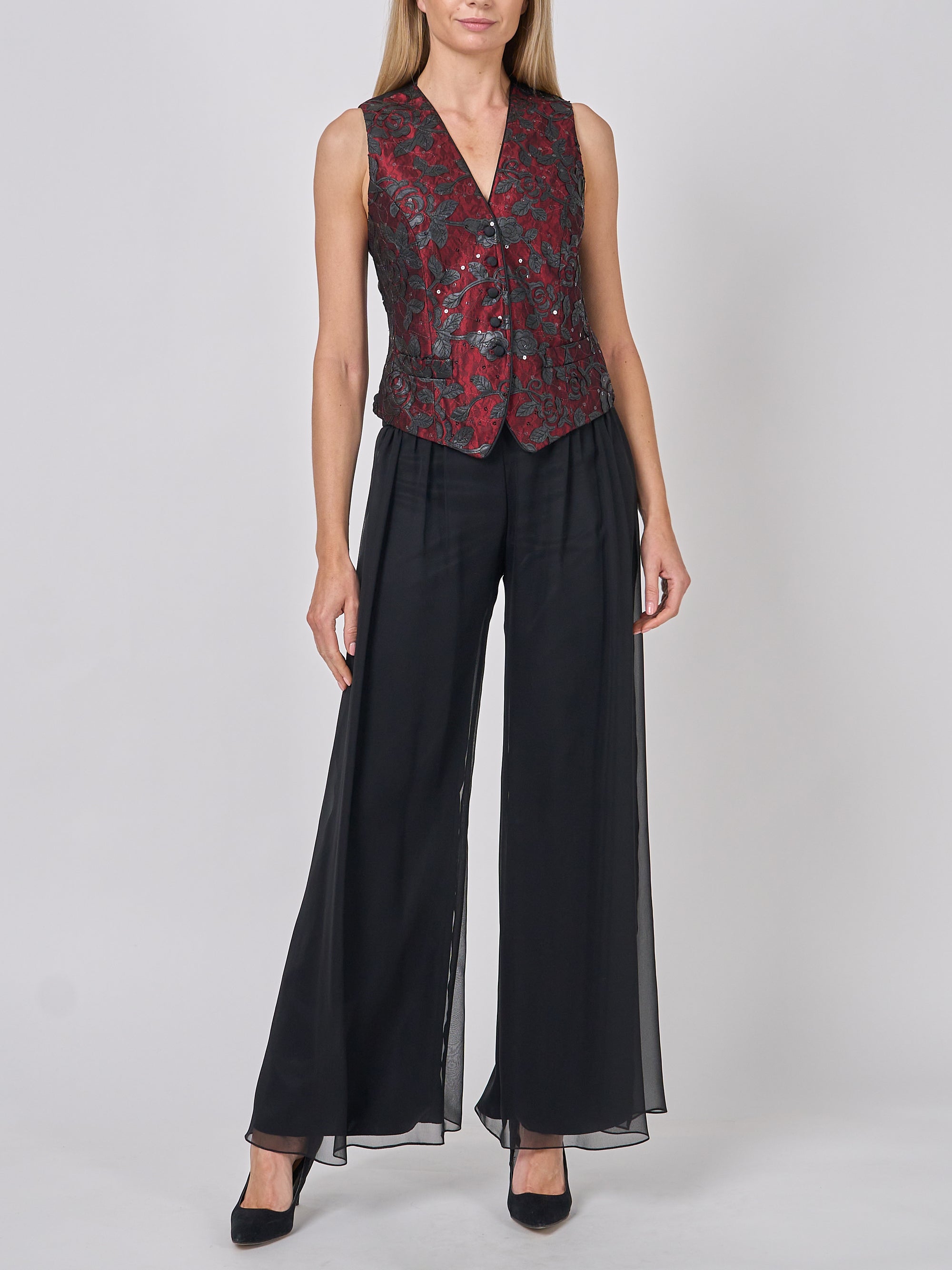 Waistcoat Single-Breasted Black Red Hellibore Silk Douppion