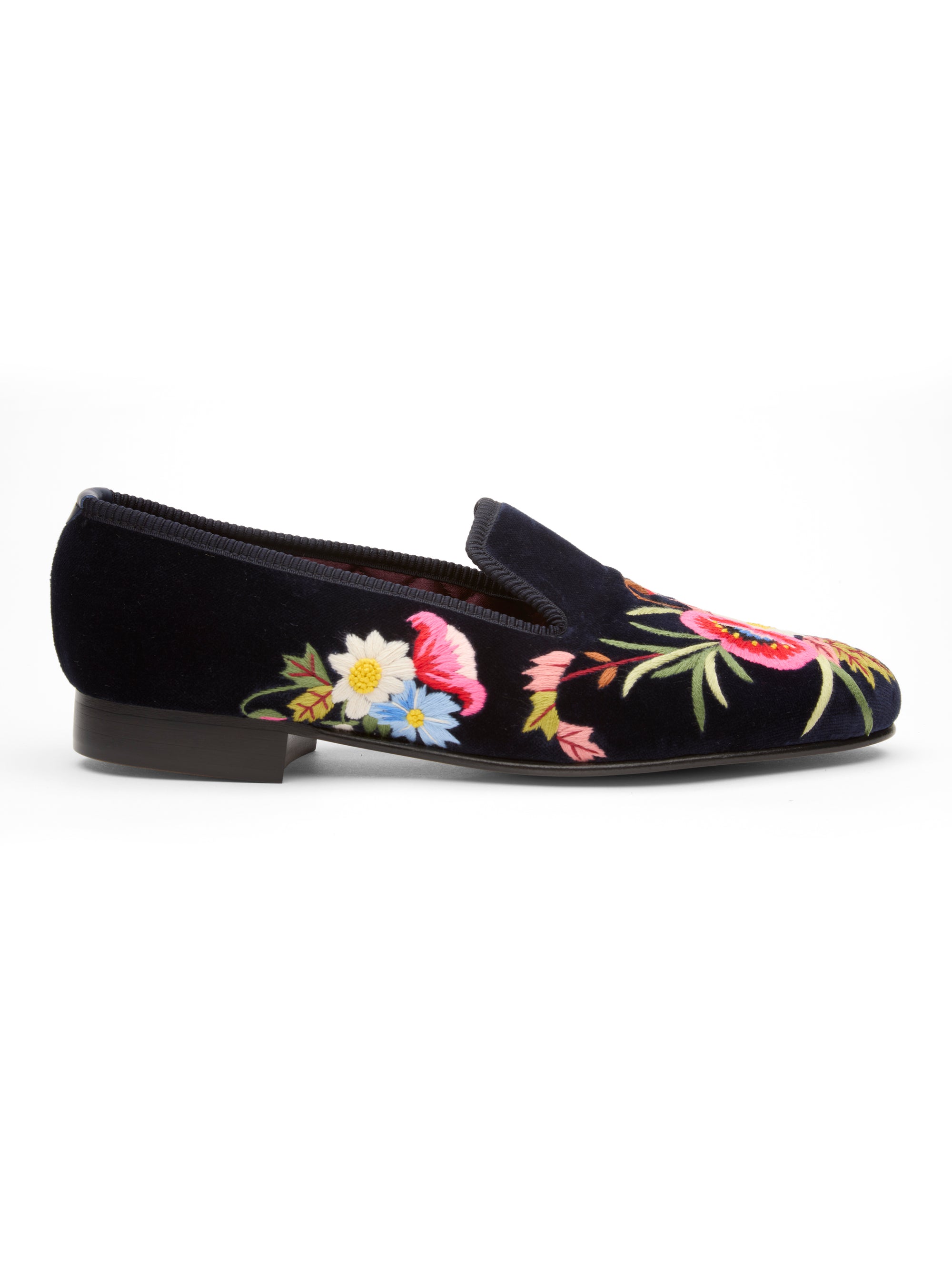 Navy Embroidered Velvet Cotton & Leather Slippers
