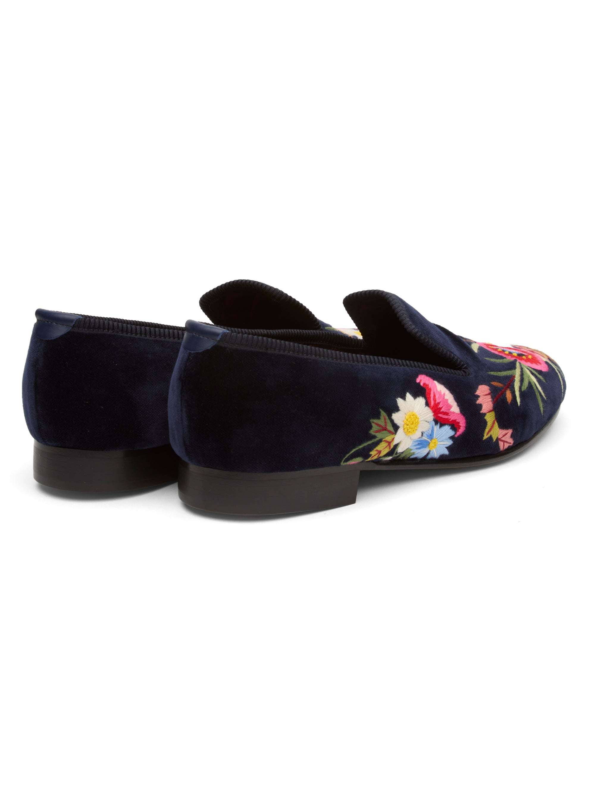Navy Embroidered Velvet Cotton & Leather Slippers