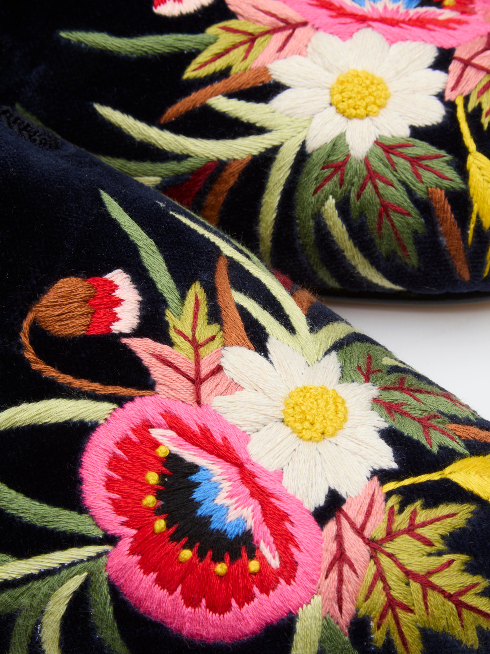 Navy Embroidered Velvet Cotton & Leather Slippers