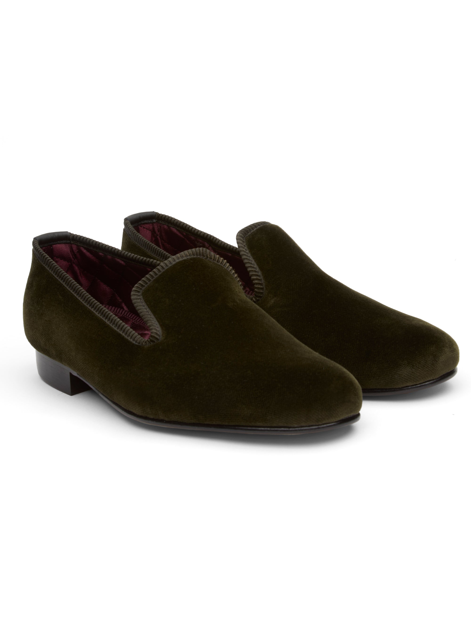 Olive Velvet Cotton & Leather Slippers