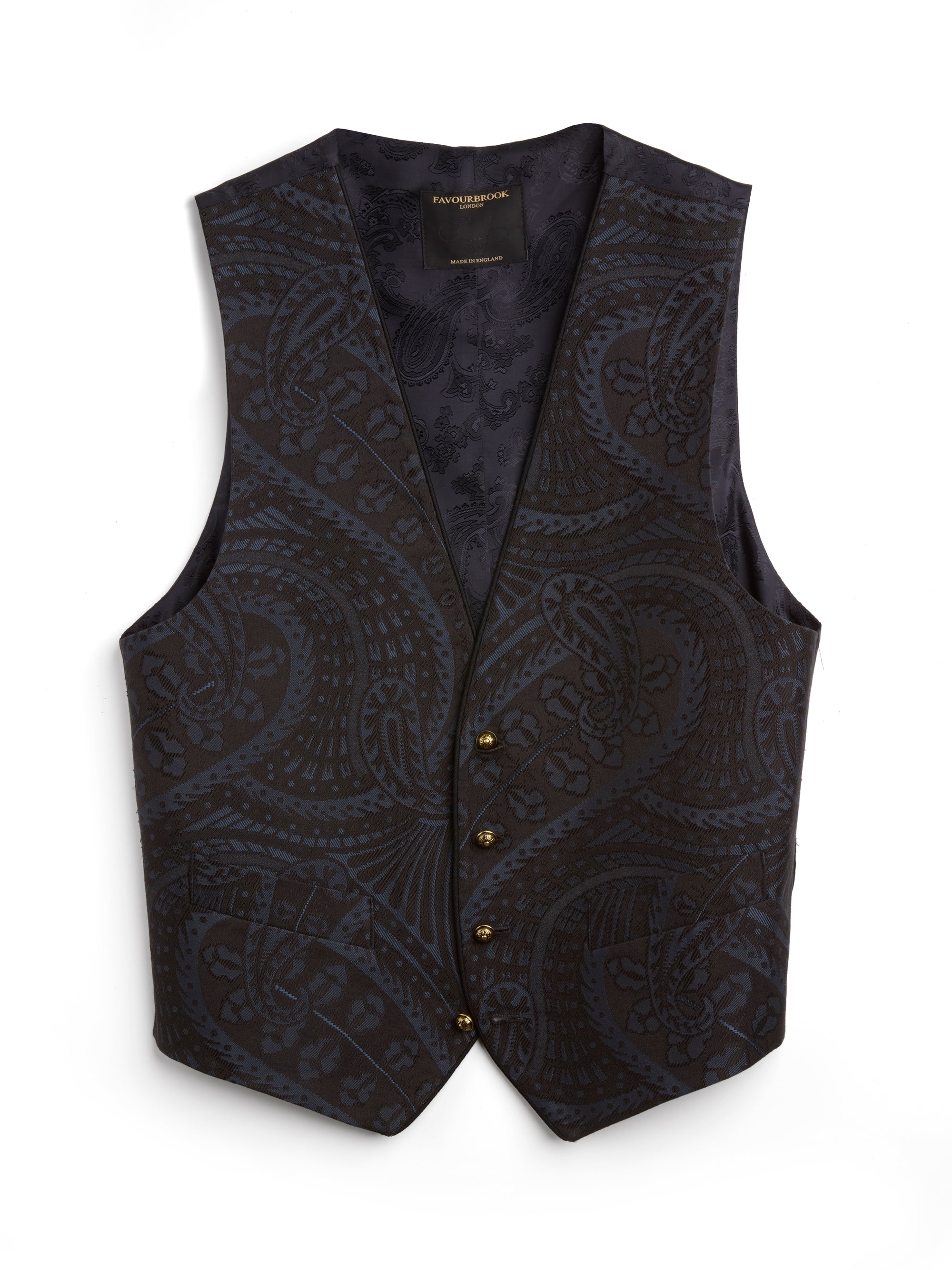 Midnight Heathcote Paisley Single Breasted 4 Button Piped Waistcoat