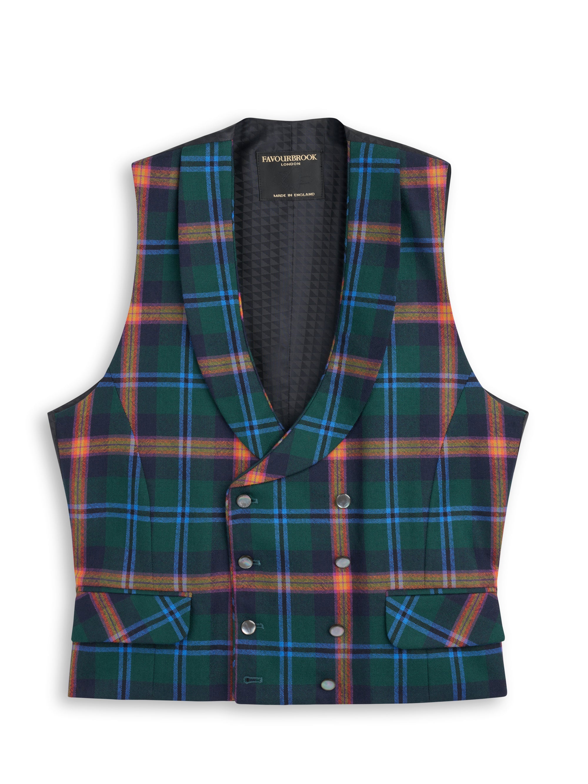 Multi Tartan Wool Double Breasted Waistcoat with Piping
