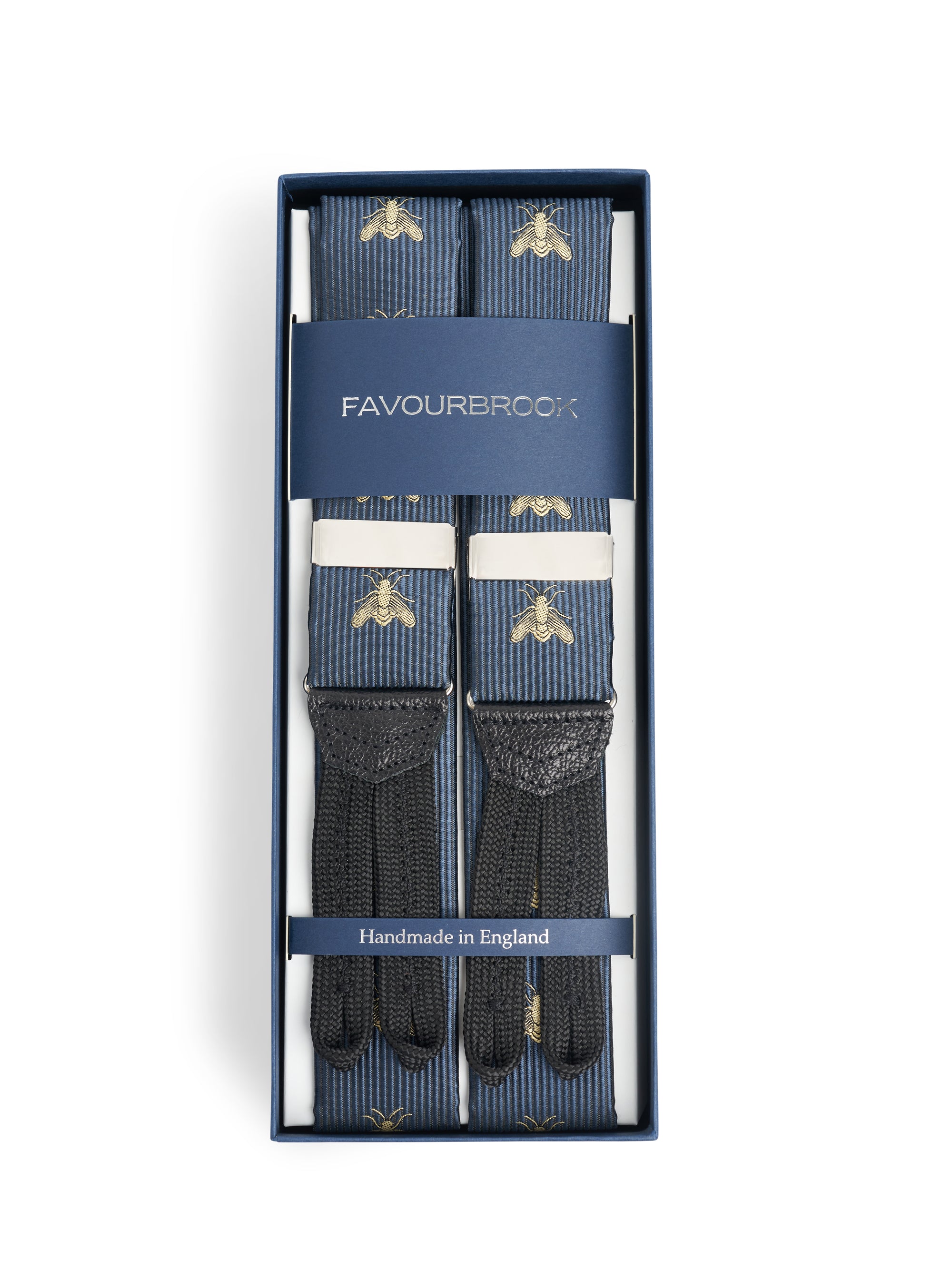 Navy Gold Bees Black Leather Silk Braces
