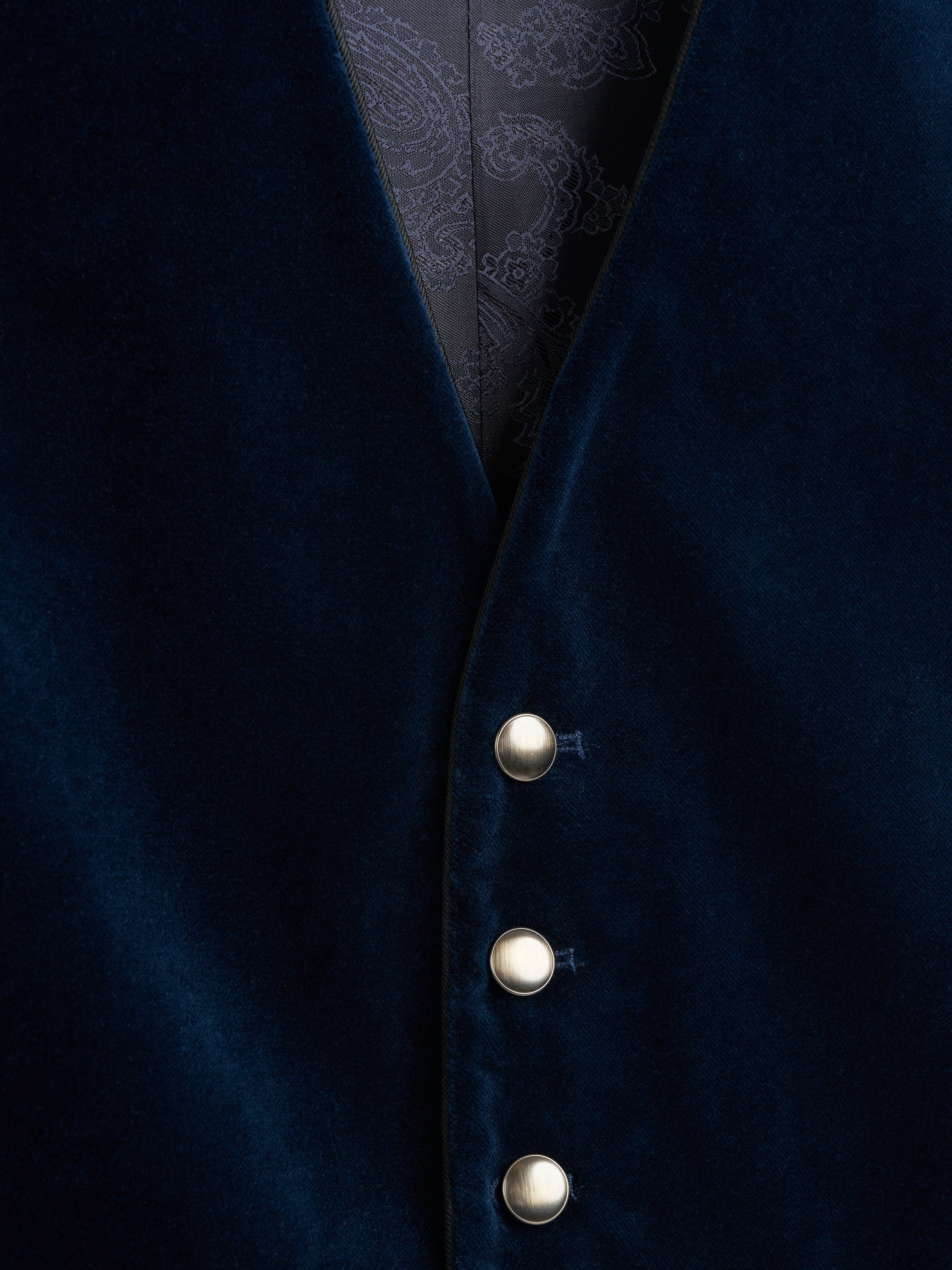 Sapphire Blue Velvet Cotton Single Breasted 6 Button Piped Waistcoat