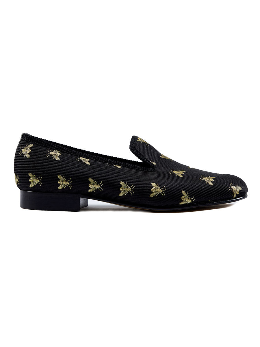 Black Bees Silk & Leather Slippers