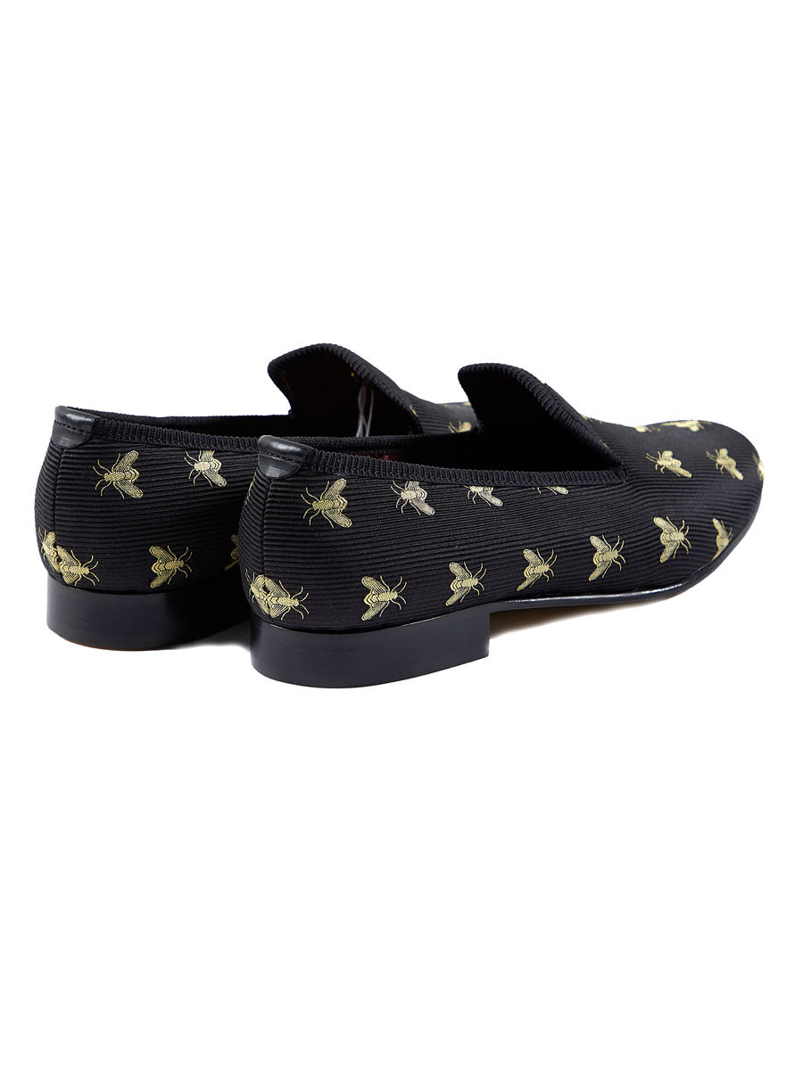 Black Bees Silk &amp; Leather Slippers