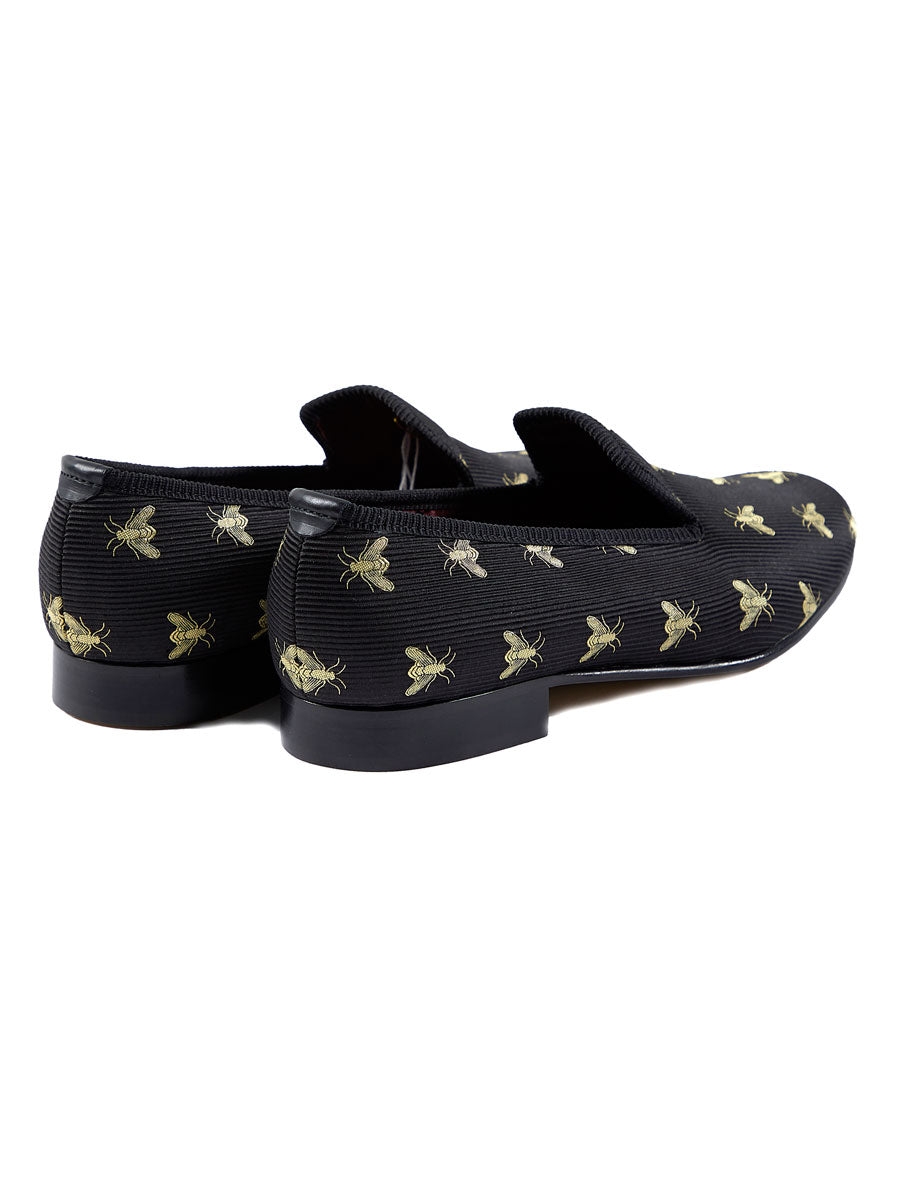 Black Bees Silk & Leather Slippers