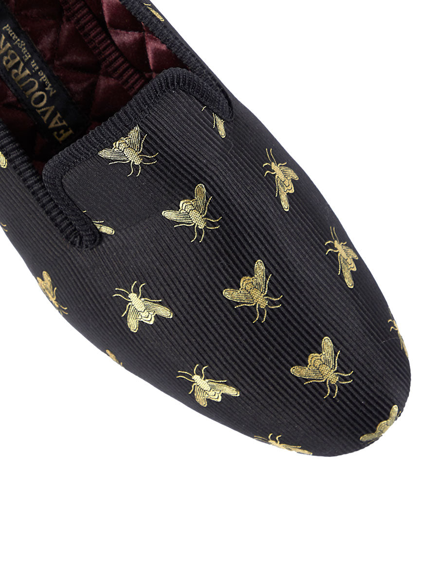 Black Bees Silk & Leather Slippers