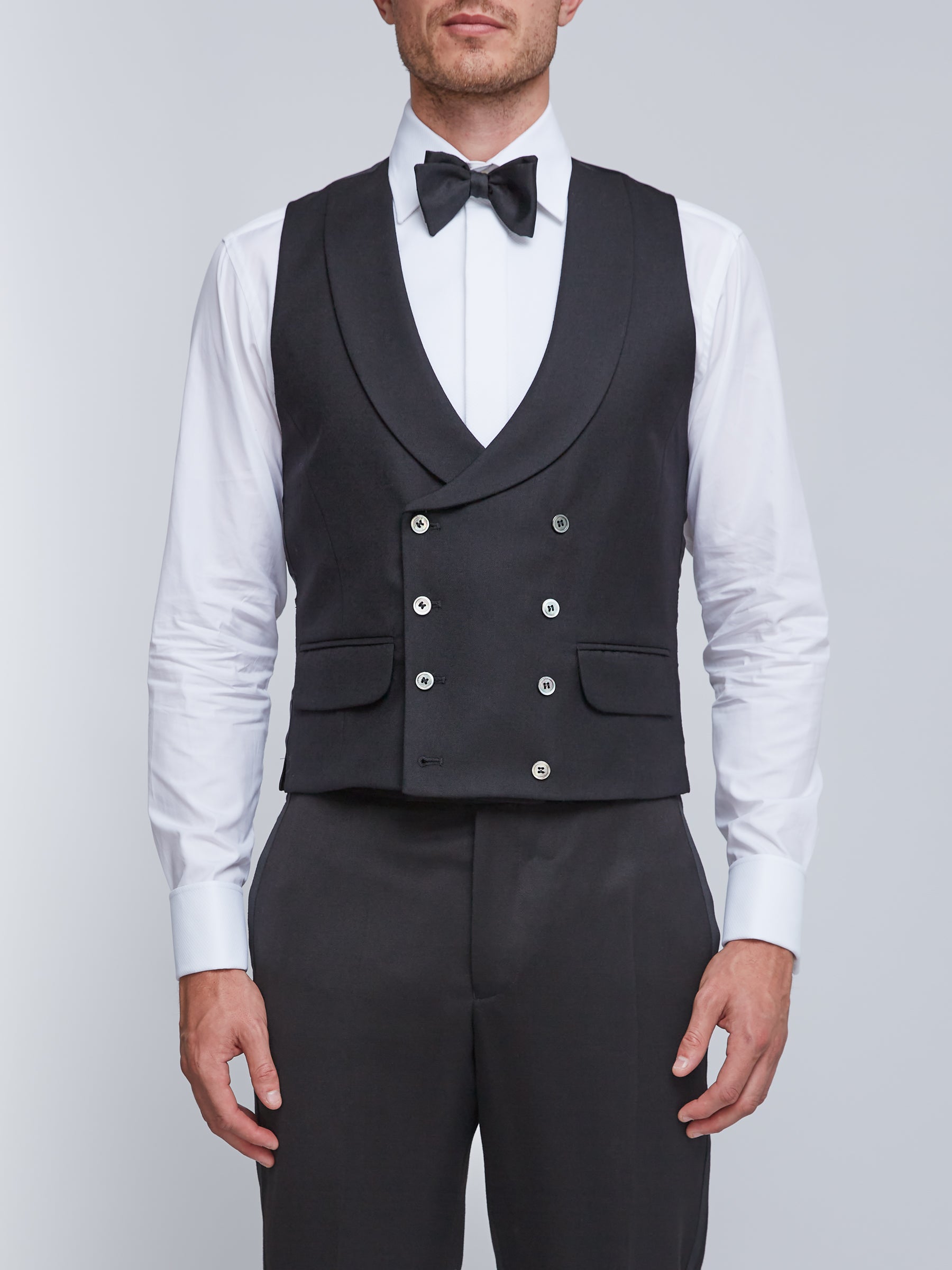Black Gabardine Wool Double Breasted Waistcoat