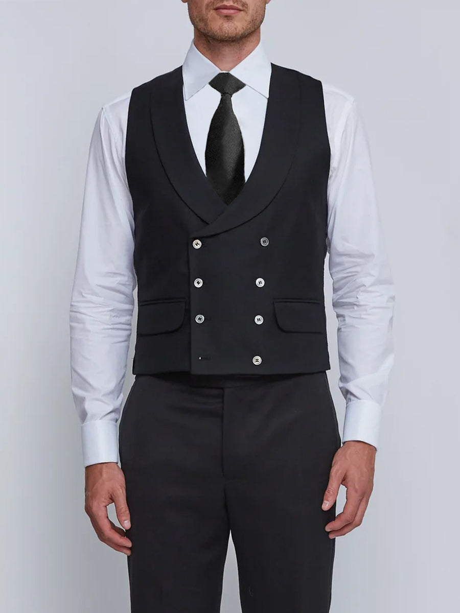 Black Gabardine Wool Double Breasted Waistcoat