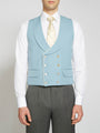 Pale Blue Gabardine Wool Double Breasted 8 Button Shawl Lapel Piped Waistcoat