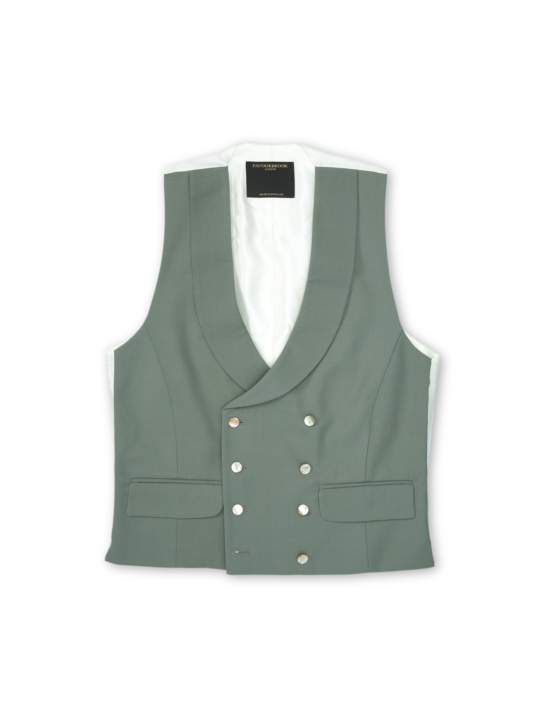 Olive Gabardine Wool Double Breasted 8 Button Shawl Lapel Waistcoat