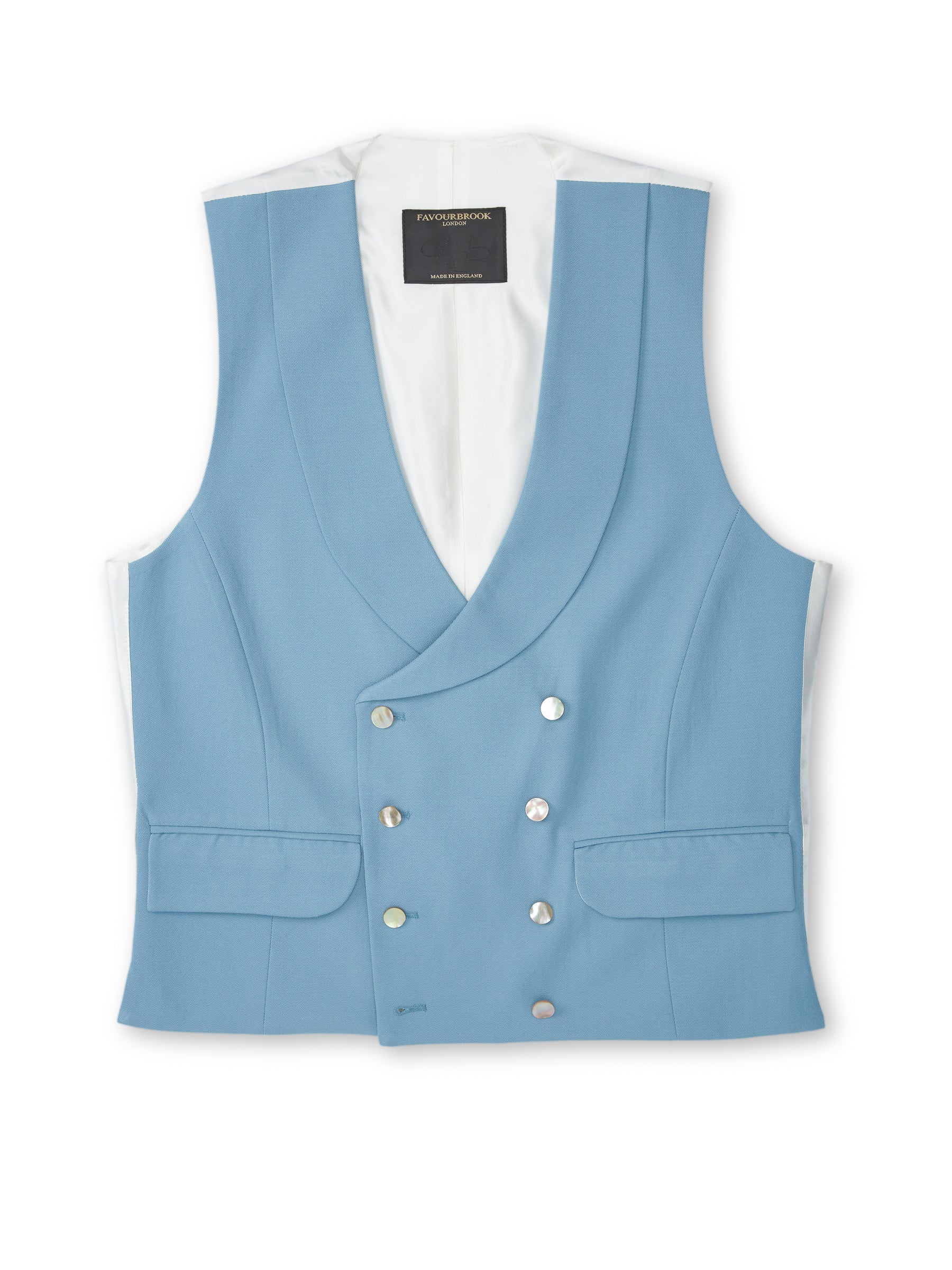 Pale Blue Gabardine Wool Double Breasted 8 Button Shawl Lapel Waistcoat