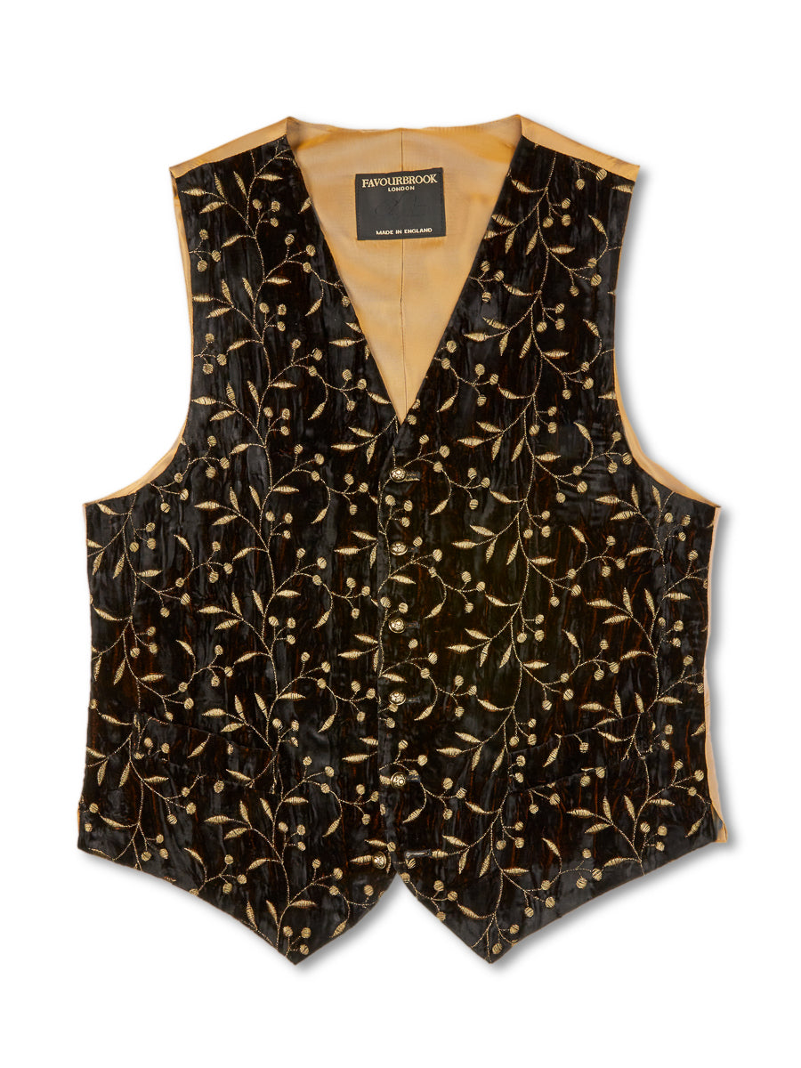 Black Lurex Berries Velvet Single Breasted 6 Button Waistcoat