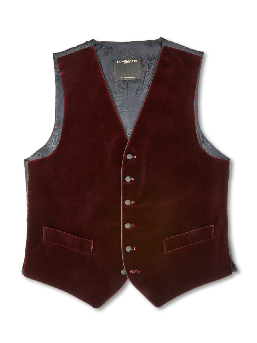 Burgundy Velvet Cotton Single Breasted 6 Button Piped Waistcoat