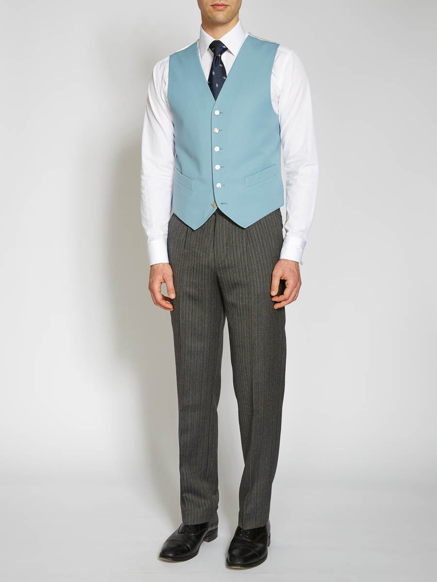 Pale Blue Gabardine Wool Single Breasted 6 Button Waistcoat