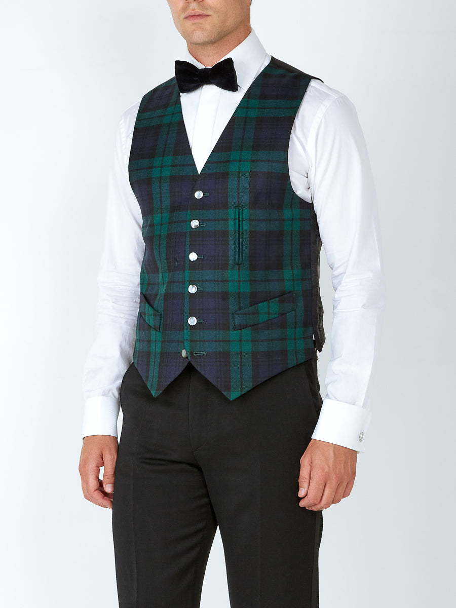 Blackwatch Tartan Wool Single Breasted 6 Button Waistcoat with Ticket Pocket