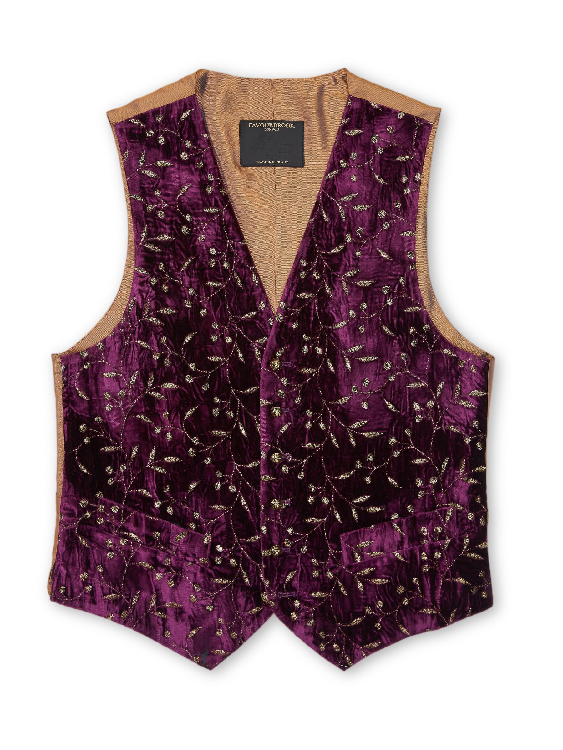 Aubergine Lurex Berries Velvet Single Breasted 6 Button Waistcoat