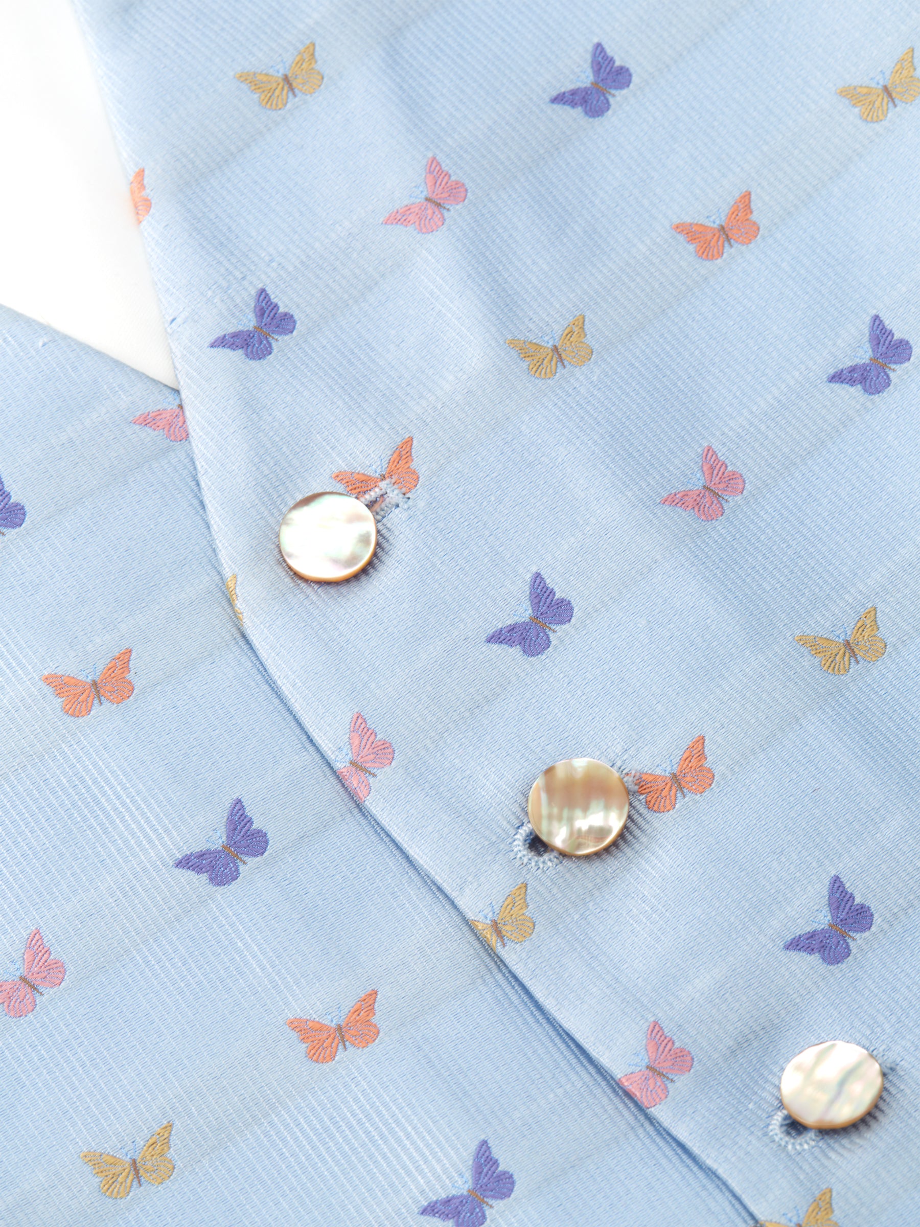 Pale Blue Butterfly Silk Single Breasted 6 Button Waistcoat