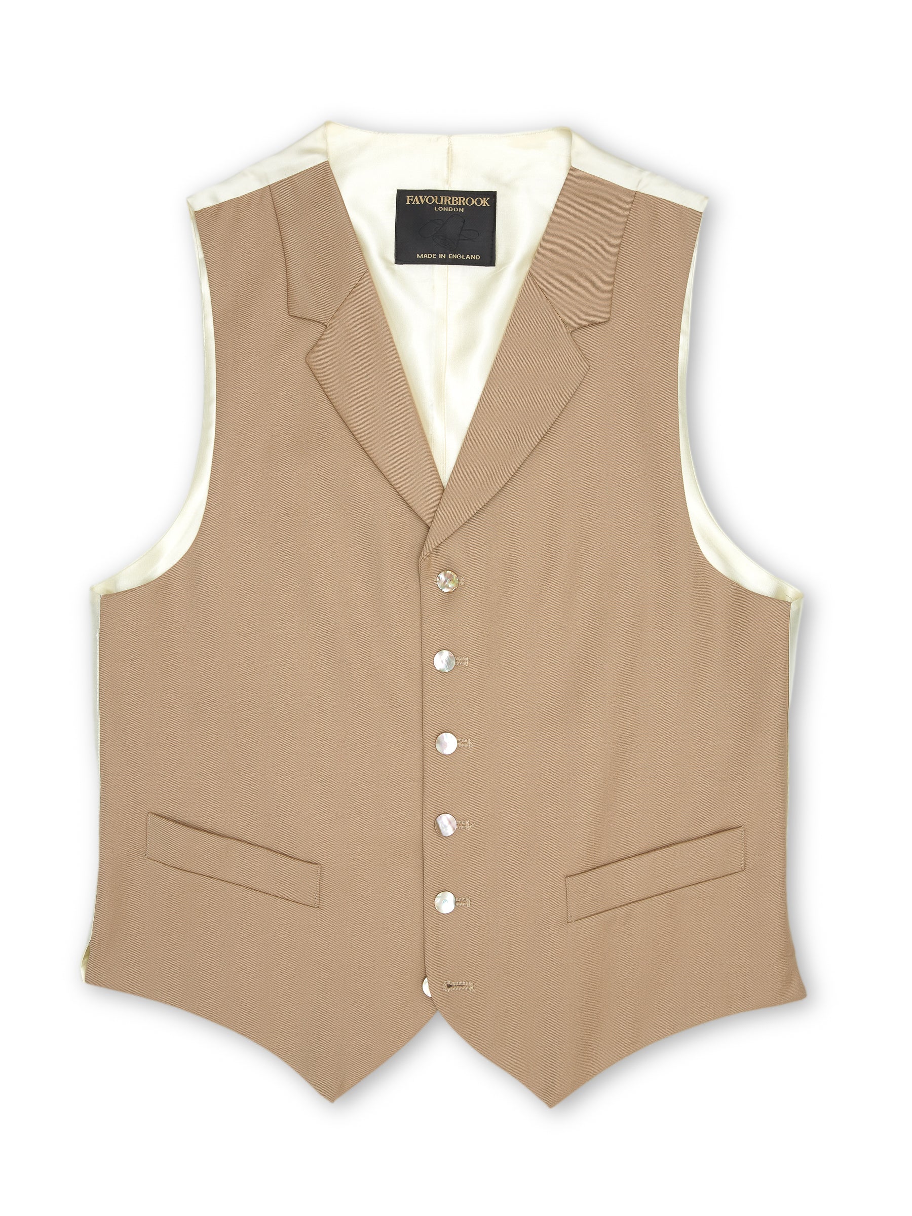 Beige Gabardine Wool Single Breasted 6 Button Notch Lapel Waistcoat