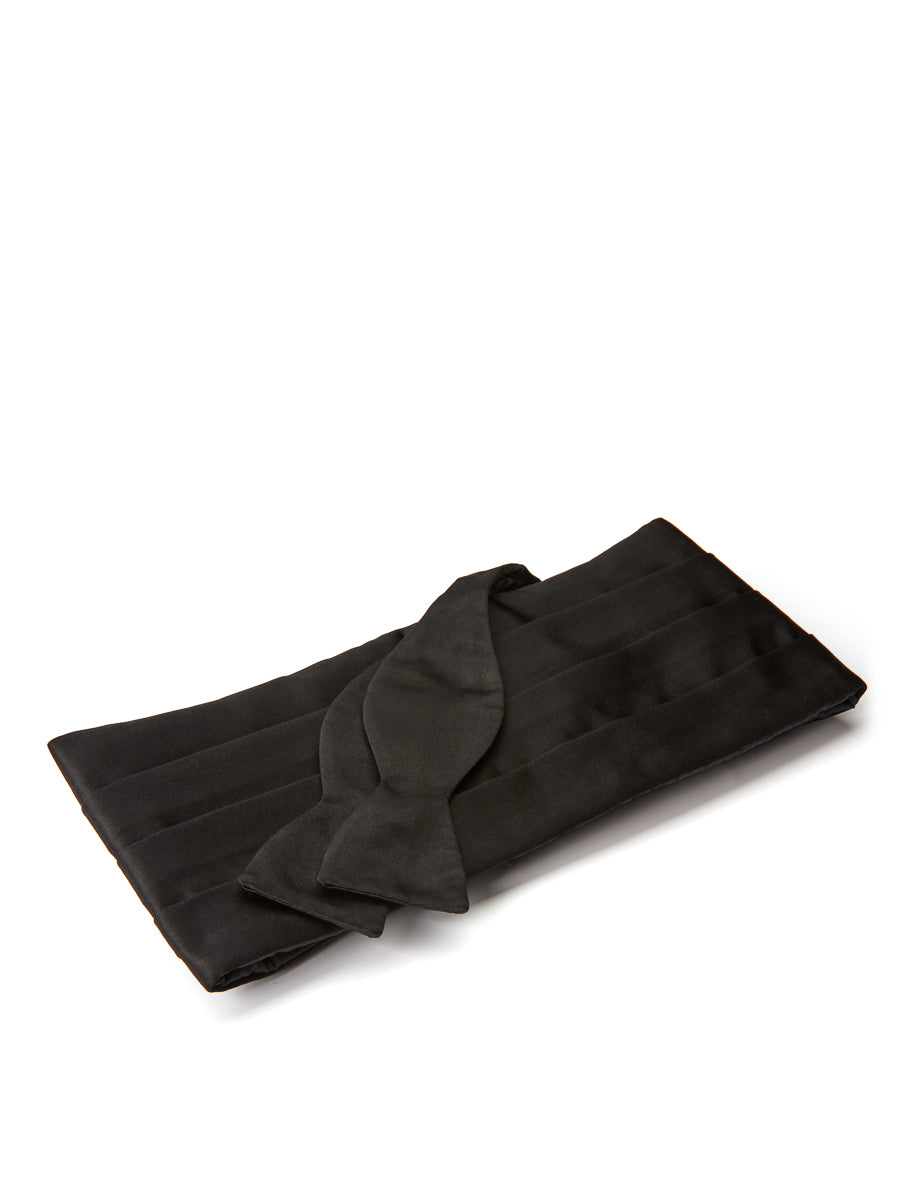Black Duchesse Satin Silk Pleated Cummerbund & Bow Tie Set