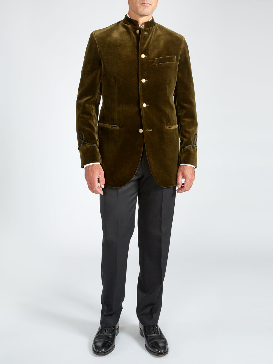 Olive Velvet Nehru Jacket with Frogging on Sleeve