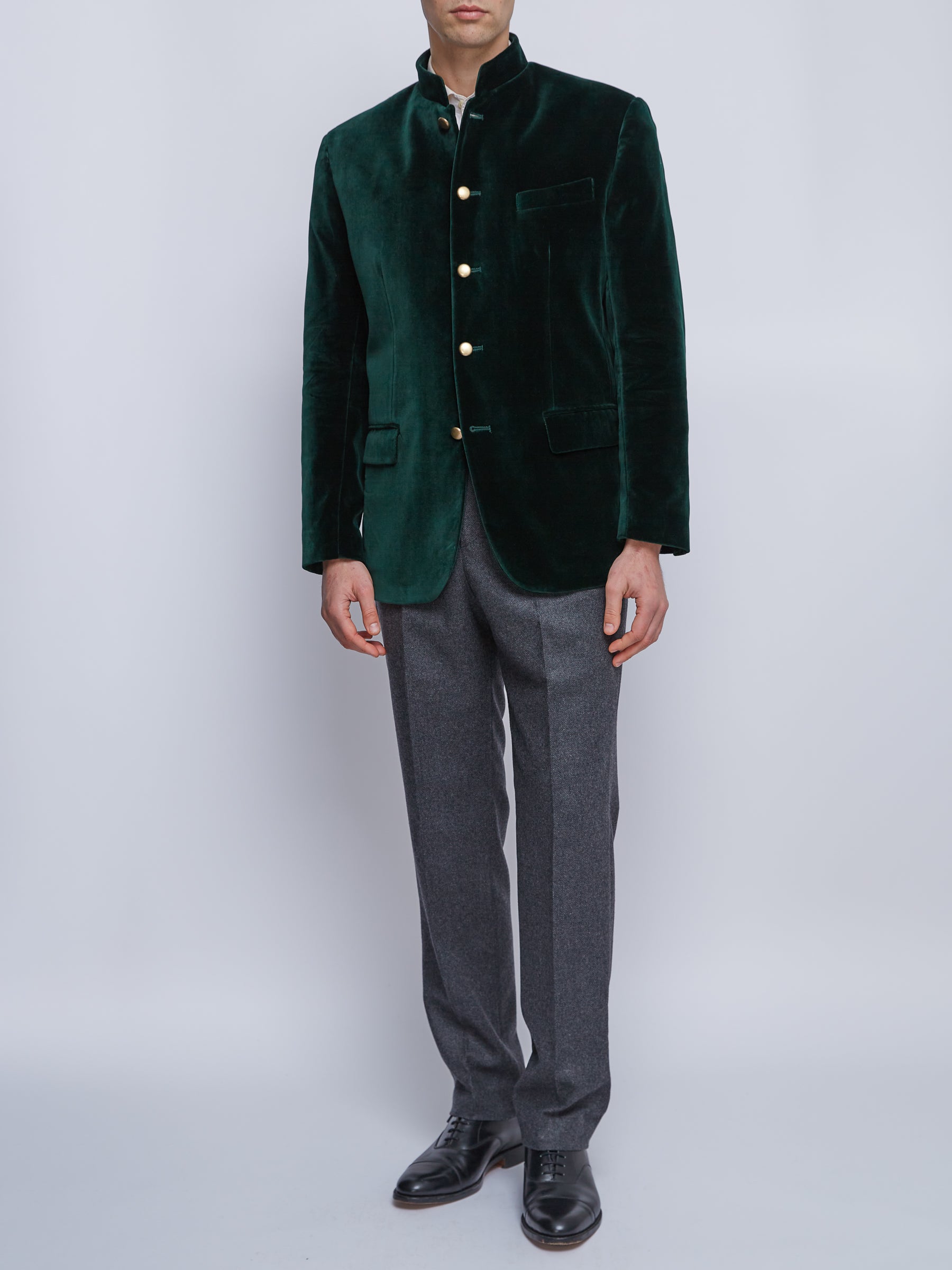 Racing Green Velvet Nehru Jacket Button Cuff