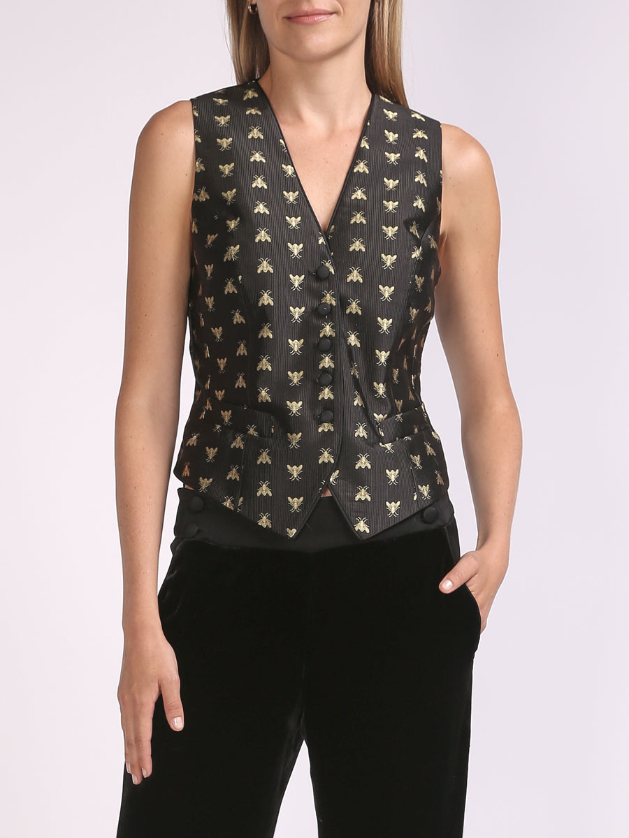 Waistcoat Single-Breasted Black Gold Bees Silk Jacquard