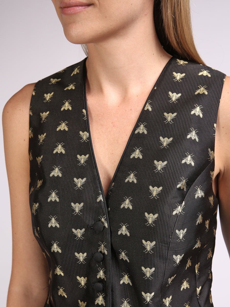 Waistcoat Single-Breasted Black Gold Bees Silk Jacquard