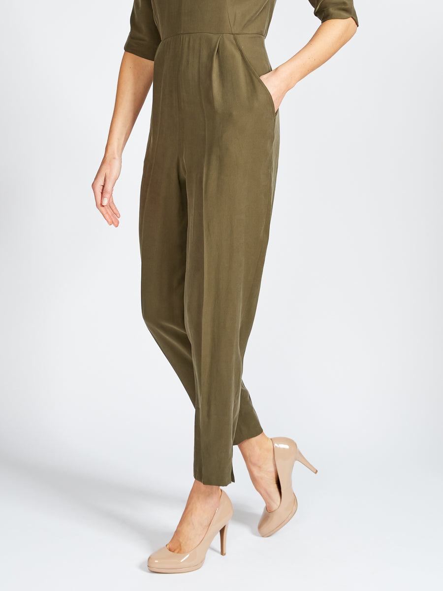 Tailored Jumpsuit Khaki Tokyo Sandwashed Crepe De Chine