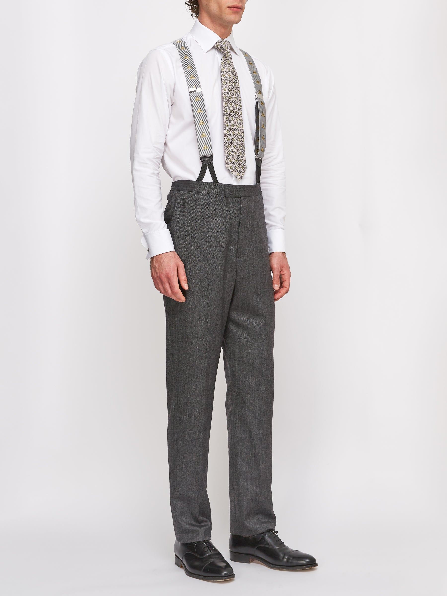 Grey Norfolk Herringbone High Waisted Flat Front Trousers