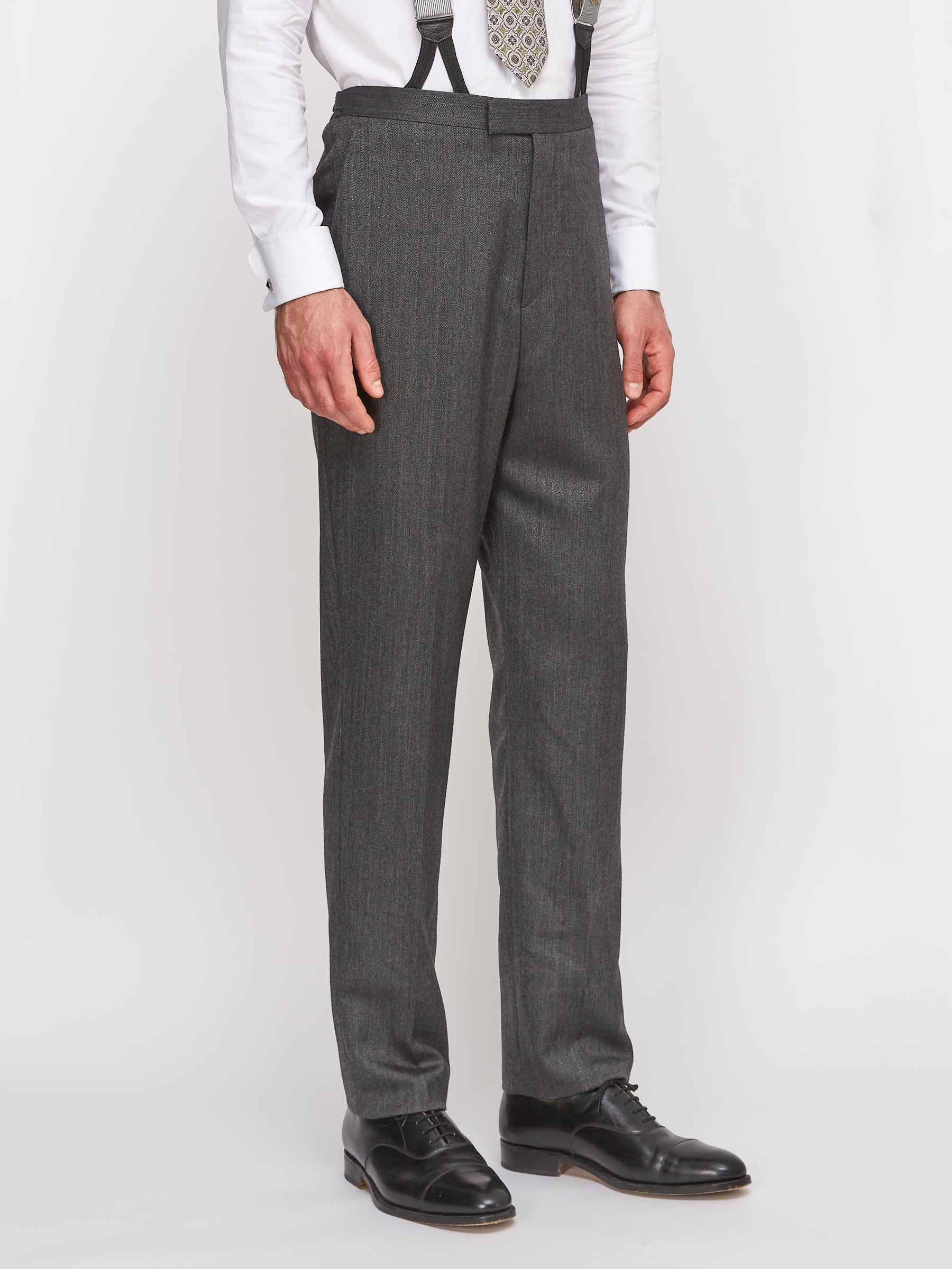 Grey Norfolk Herringbone High Waisted Flat Front Trousers