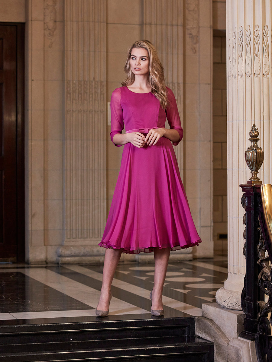 silk georgette dress Serena Dress Longer Magenta Plain Silk Georgette