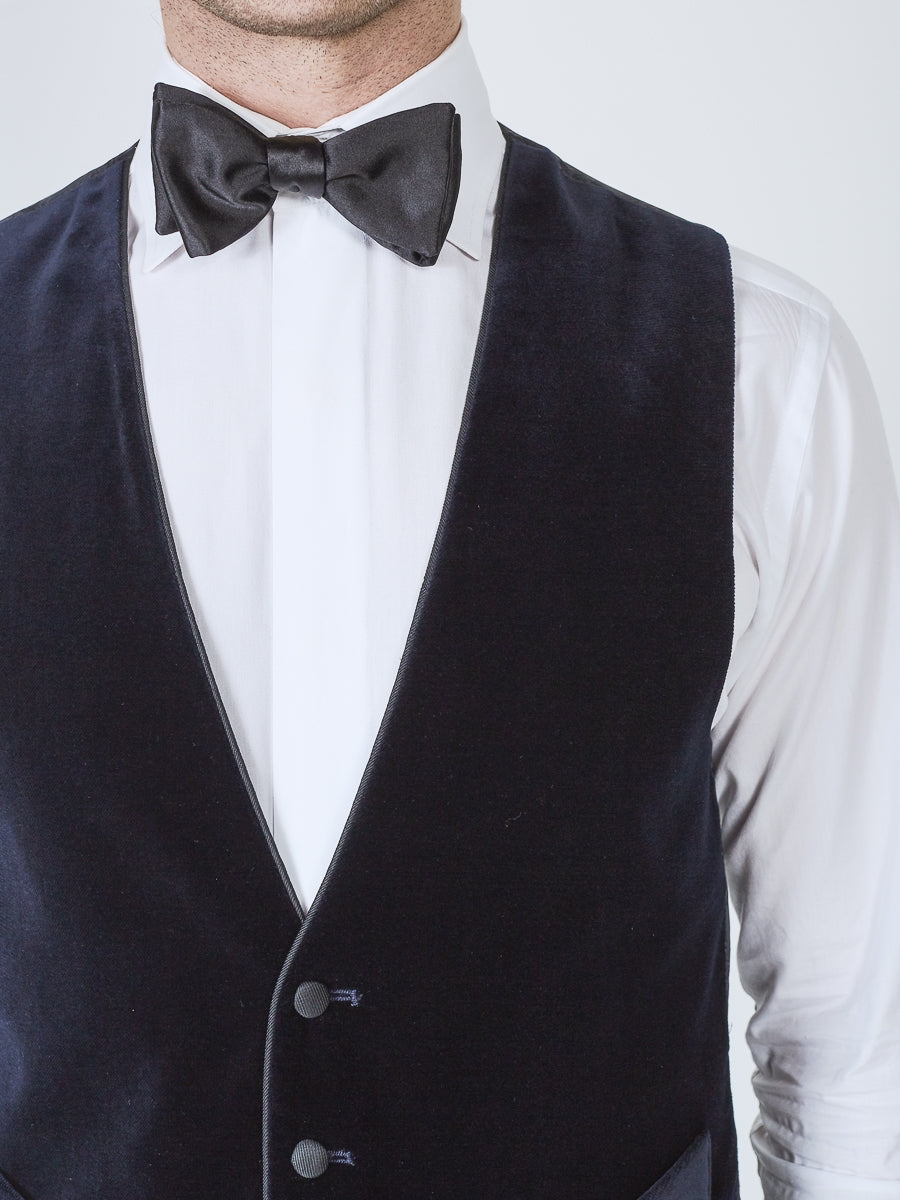 Navy Velvet Cotton Single Breasted 4 Button Piped Waistcoat