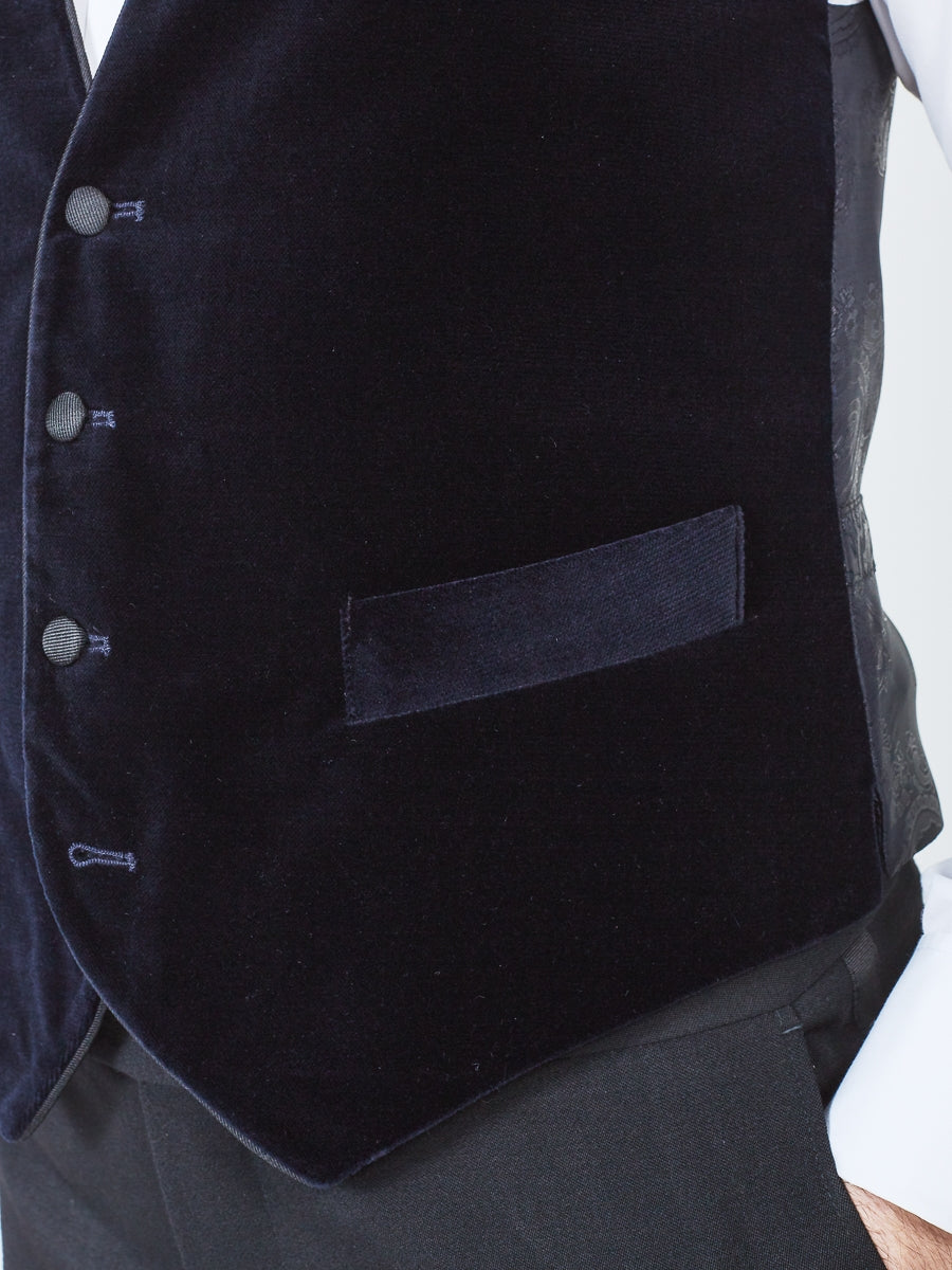 Navy Velvet Cotton Single Breasted 4 Button Piped Waistcoat