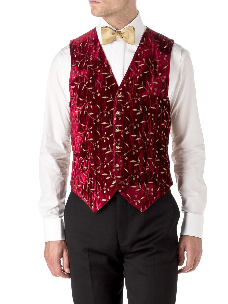 Red Lurex Berries Velvet Single Breasted Waistcoat
