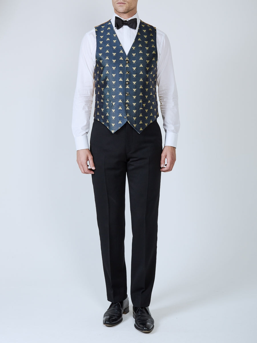 Navy Gold Bees Silk Single Breasted 6 Button Waistcoat