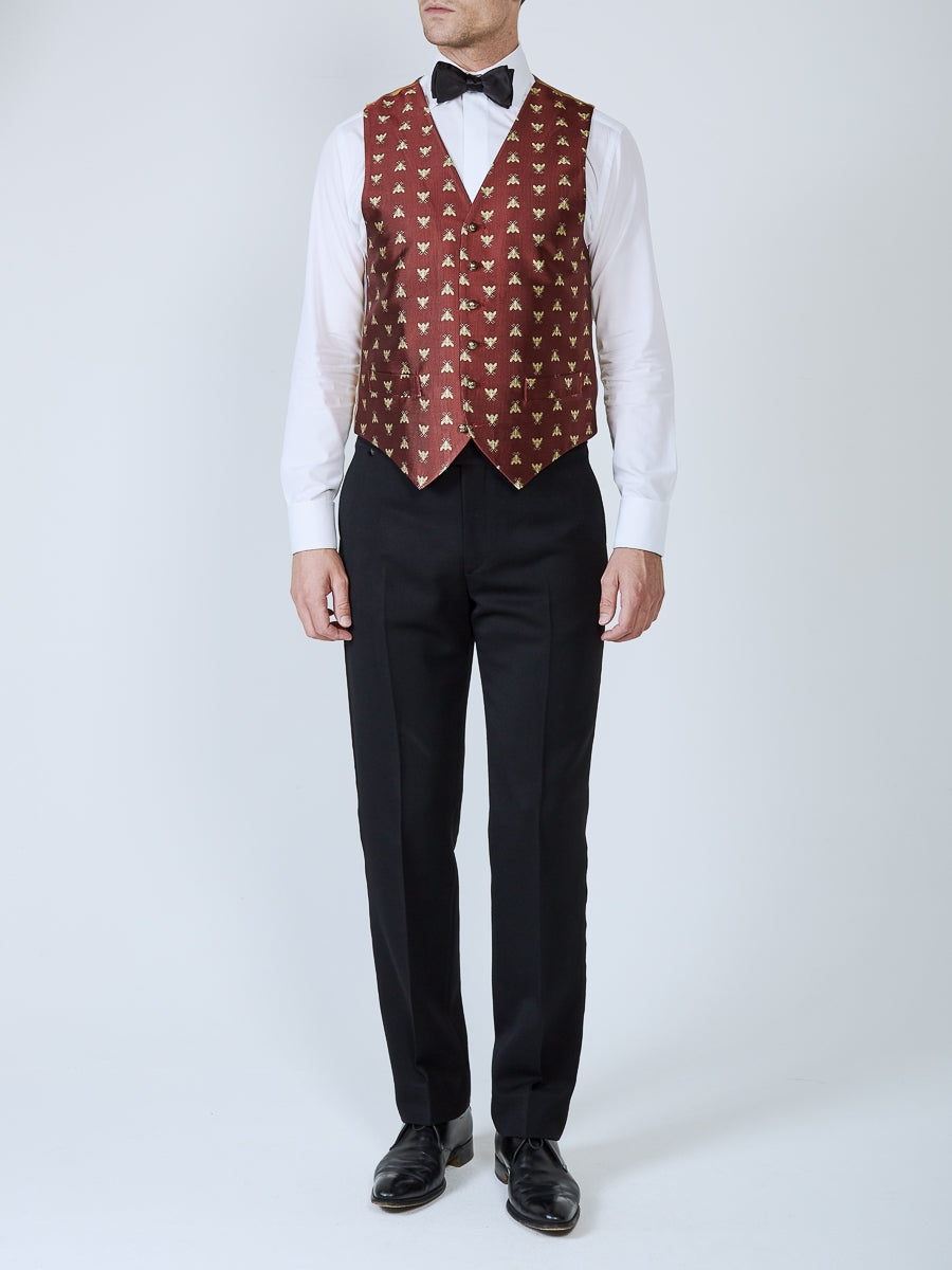 Red Gold Bees Silk Single Breasted 6 Button Waistcoat