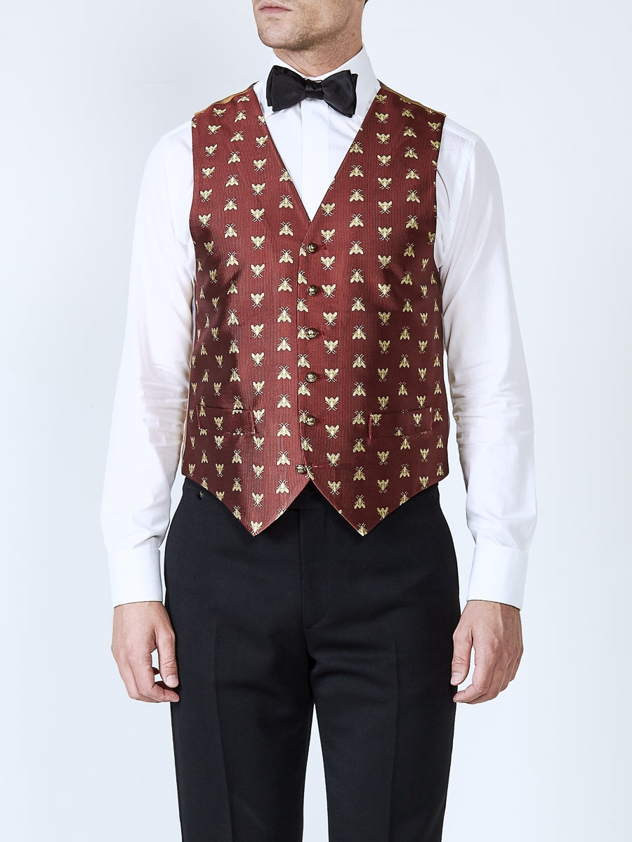 Red Gold Bees Silk Single Breasted 6 Button Waistcoat