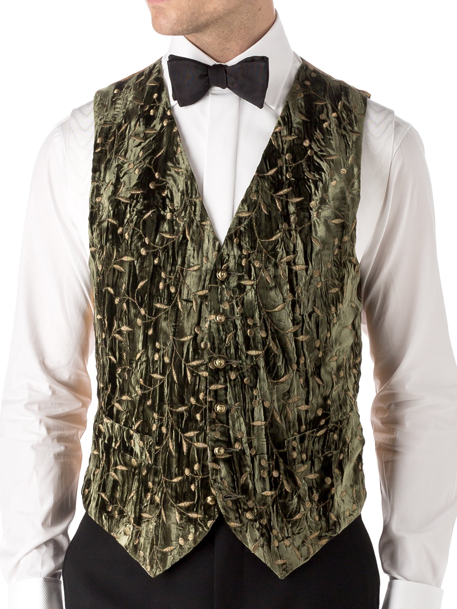 Olive Lurex Berries Velvet Single Breasted 6 Button Waistcoat
